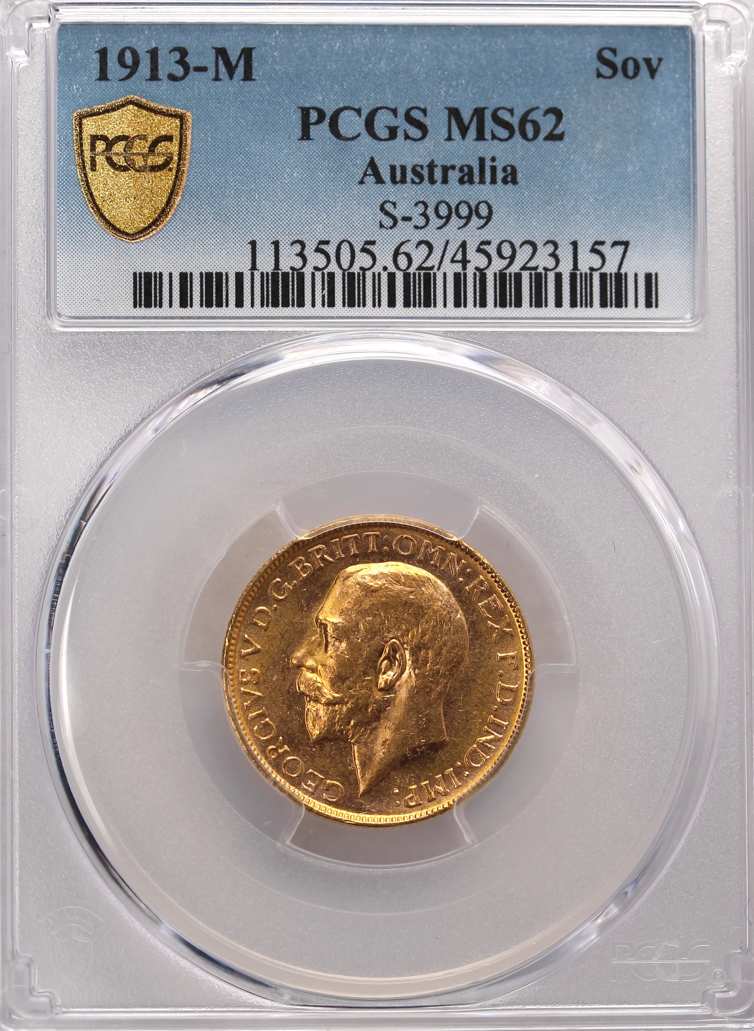 1913 Melbourne Mint Gold Sovereign PCGS MS62 - Image 2