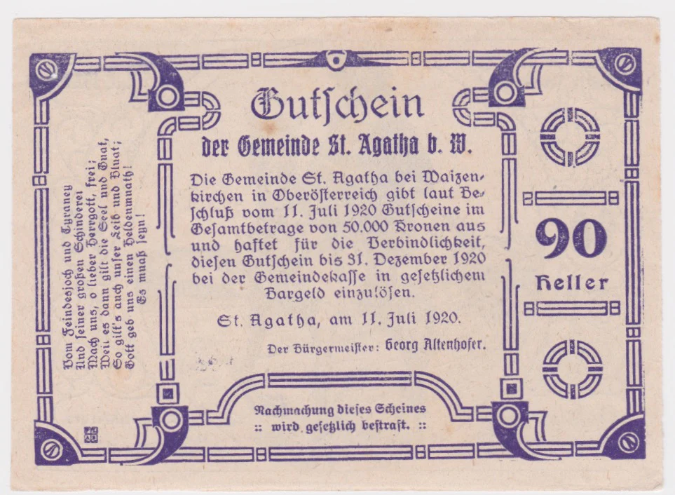 1920 Austria 90 Heller St Agatha gEF/aUNC - Image 2