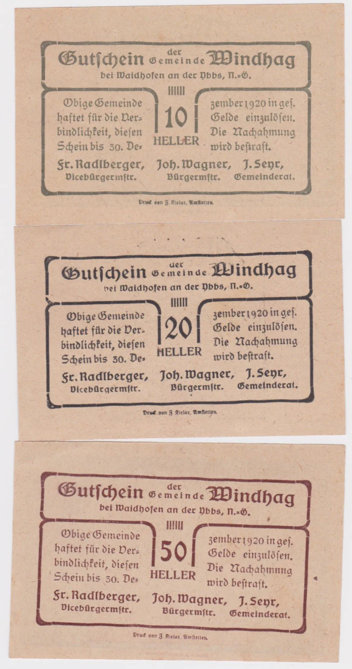 1920 Austria Windhaag 10, 20 and 50 Heller Set EF/UNC - Image 2