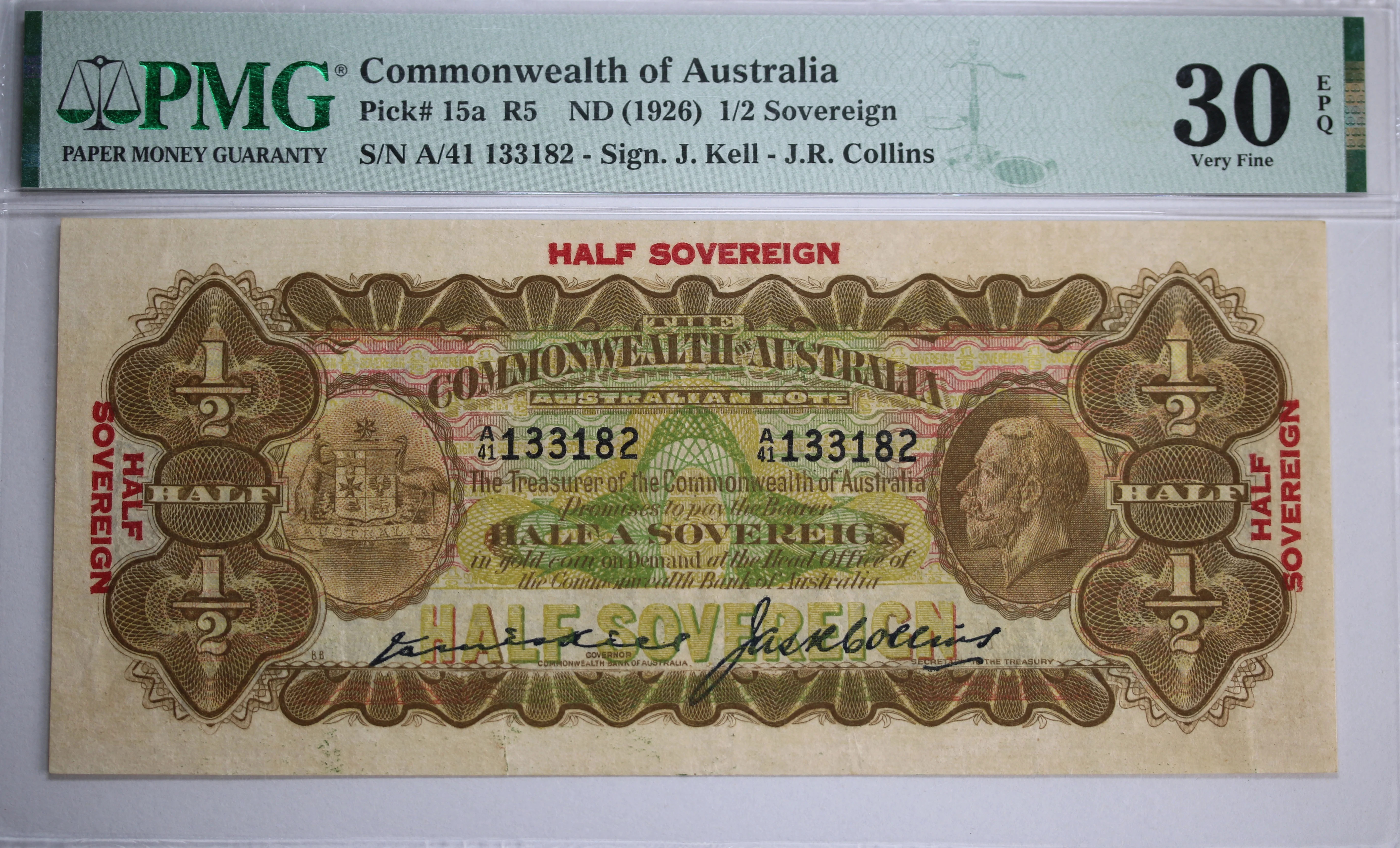 1926 Kell/Collins 10 Shilling Half Sovereign Overprint VF30EPQ Last Prefix Banknote