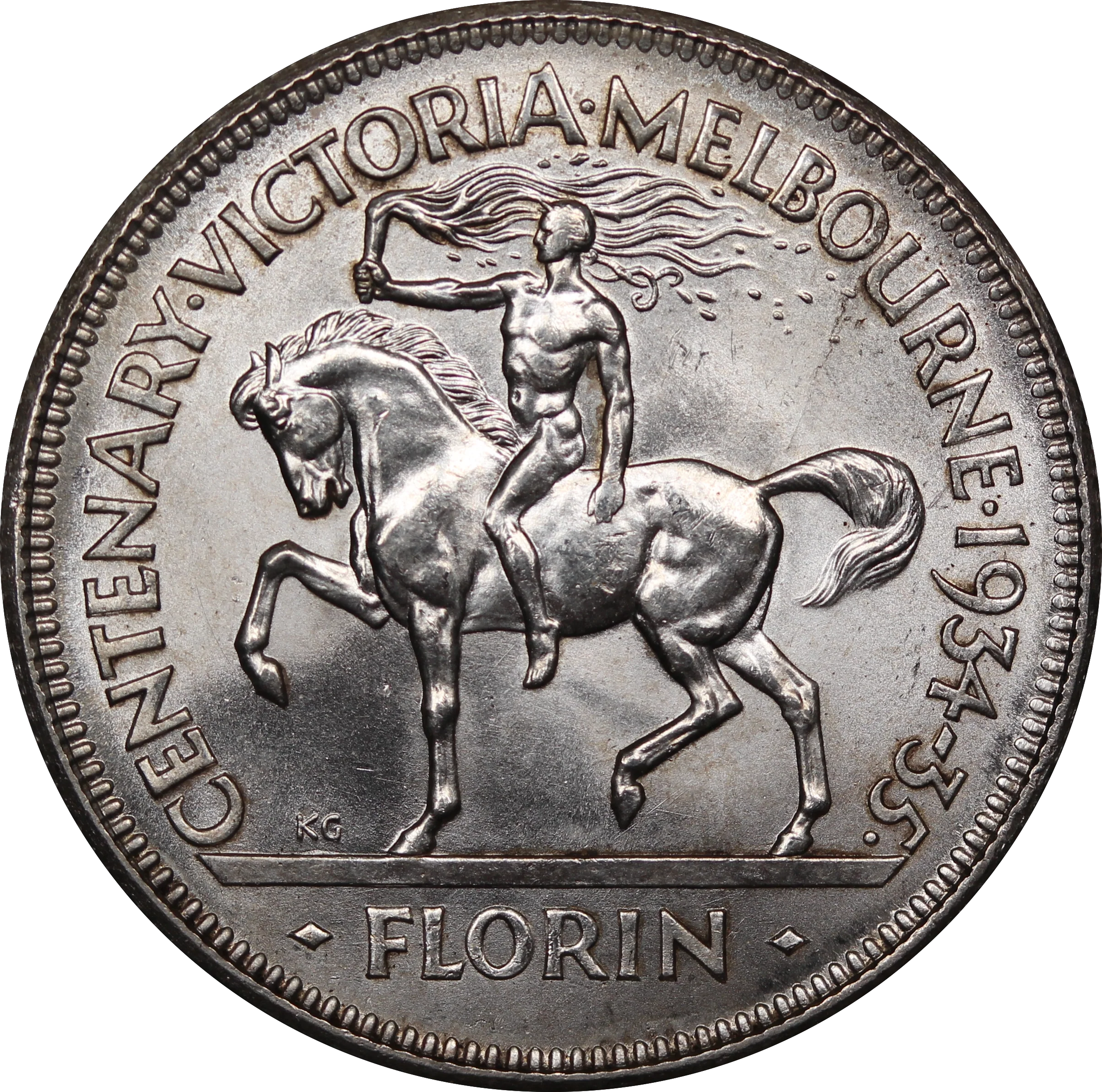 1934/35 Melbourne Centenary Florin UNC with Foys Bag aVF - Image 2