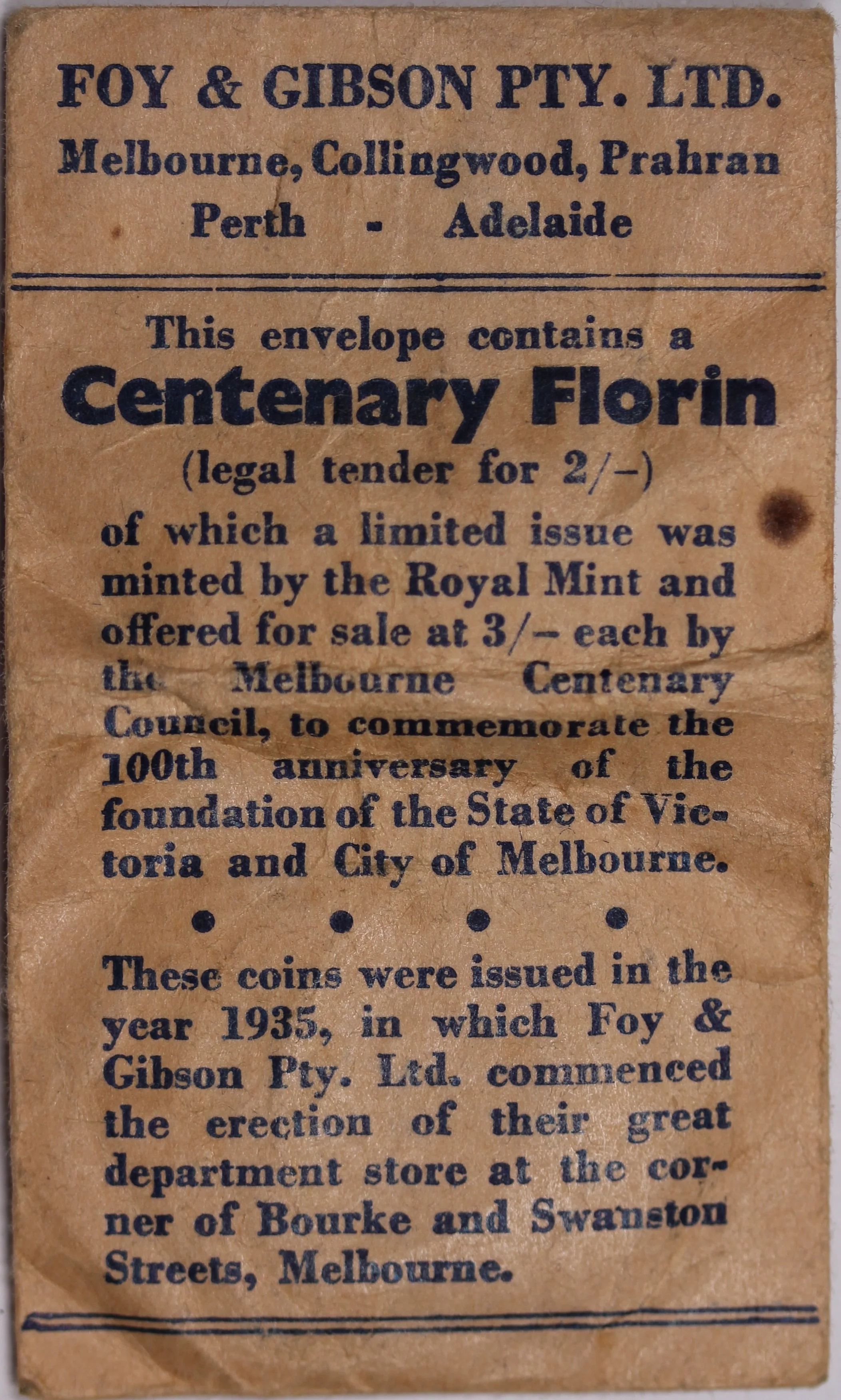 1934/35 Melbourne Centenary Florin UNC with Foys Bag aVF - Image 4