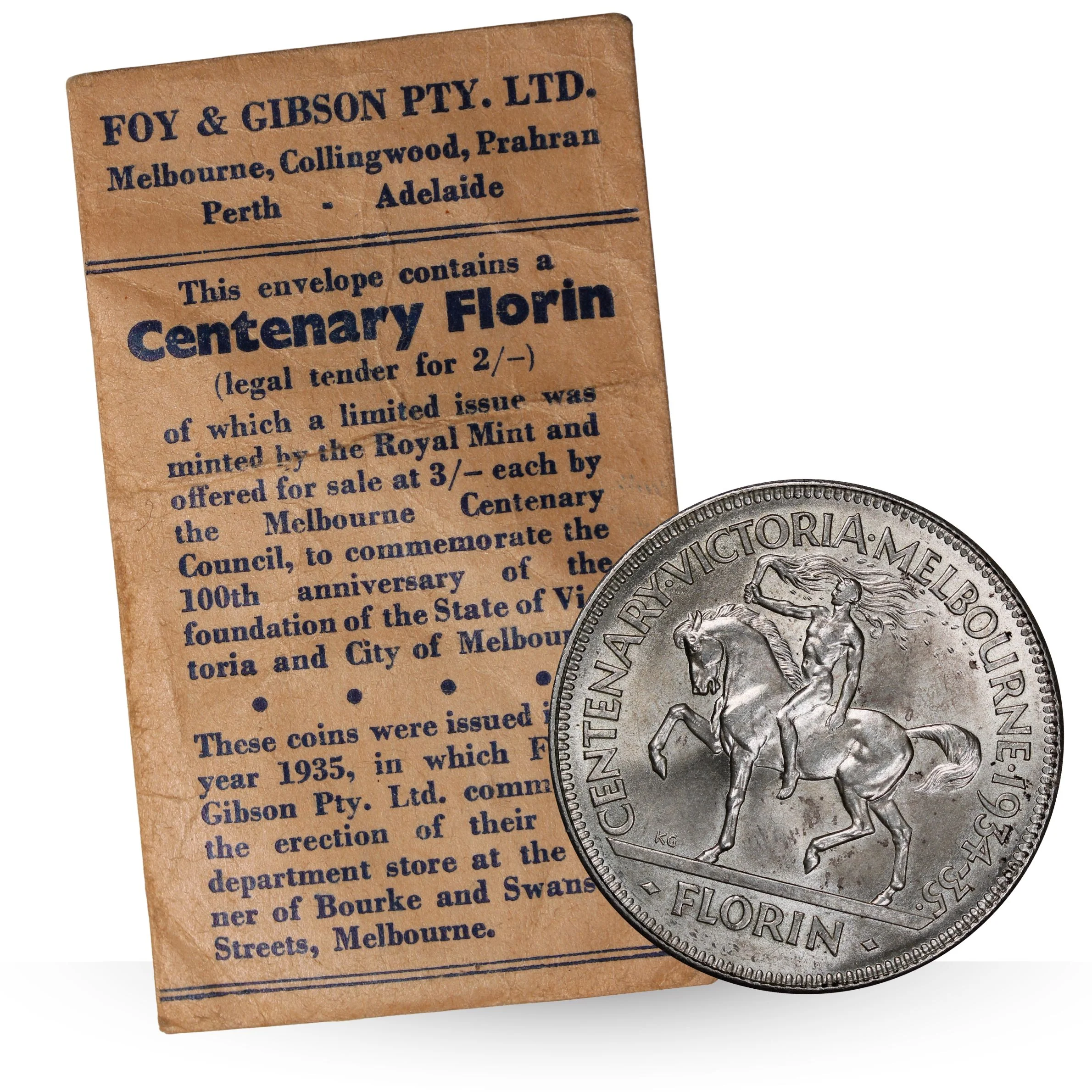 1934/35 Melbourne Centenary Florin UNC with Foys Bag EF