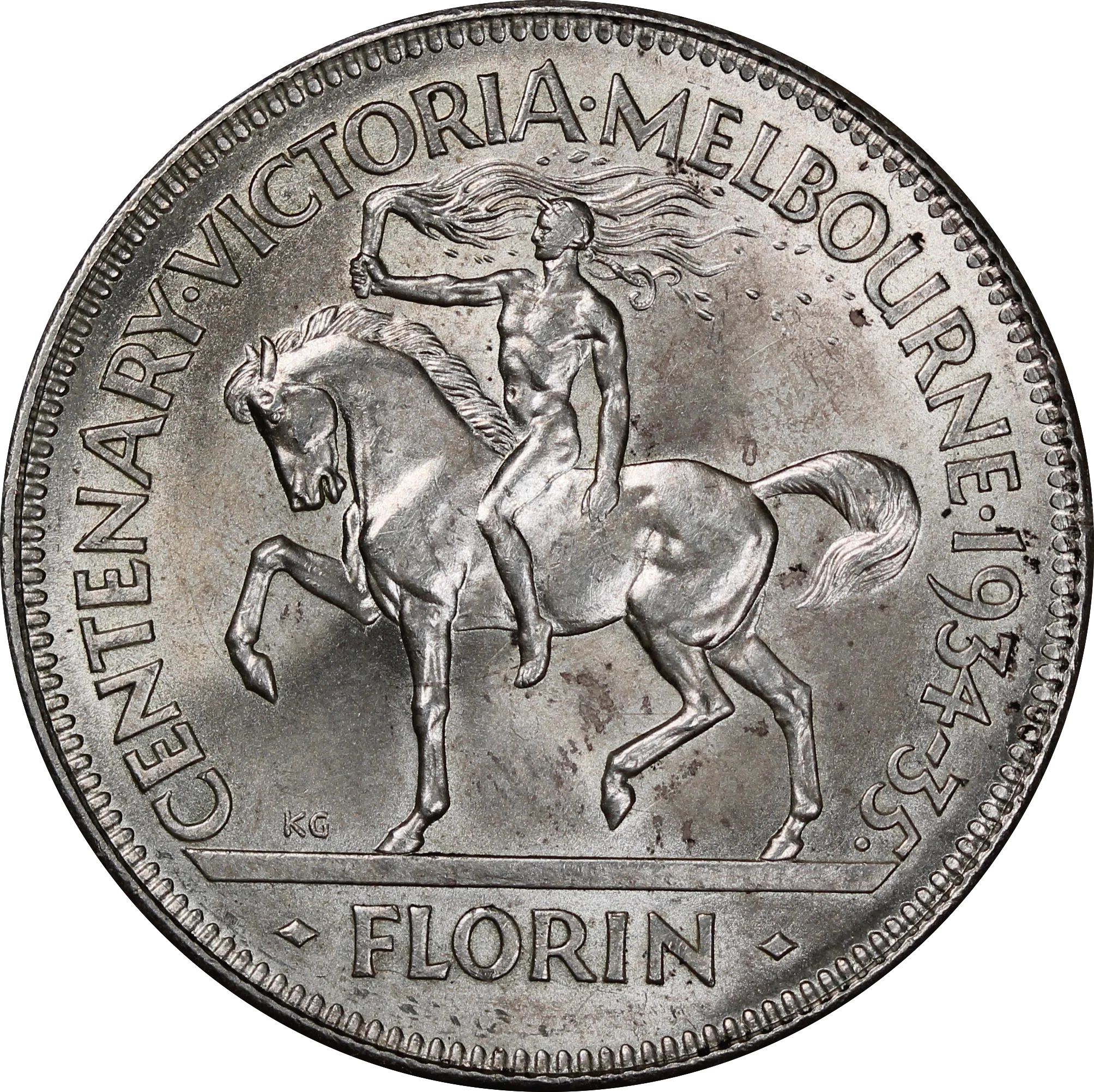 1934/35 Melbourne Centenary Florin UNC with Foys Bag EF - Image 2