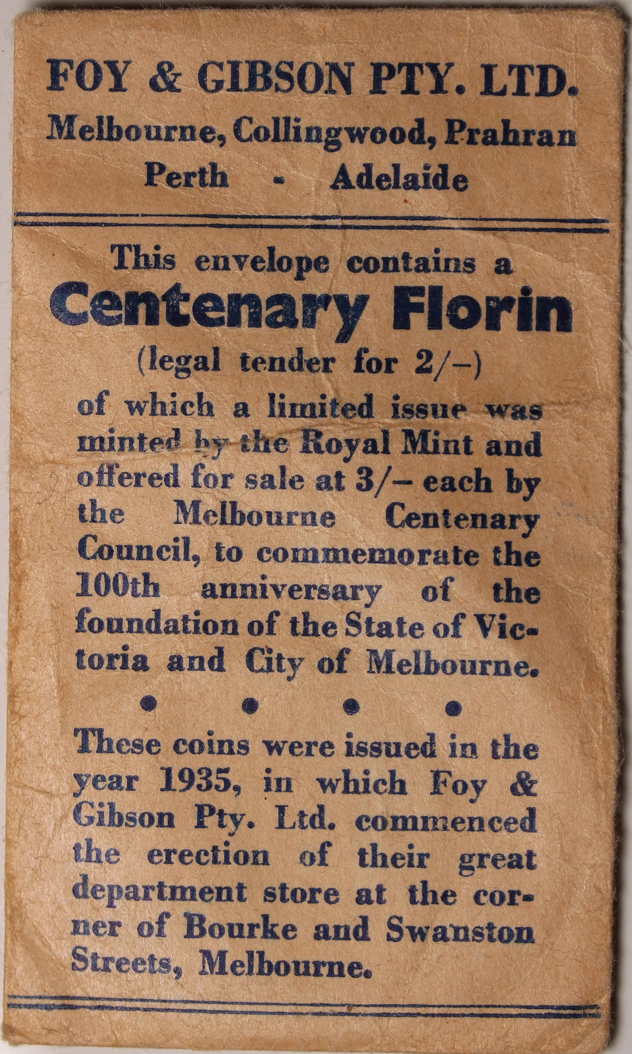 1934/35 Melbourne Centenary Florin UNC with Foys Bag EF - Image 4