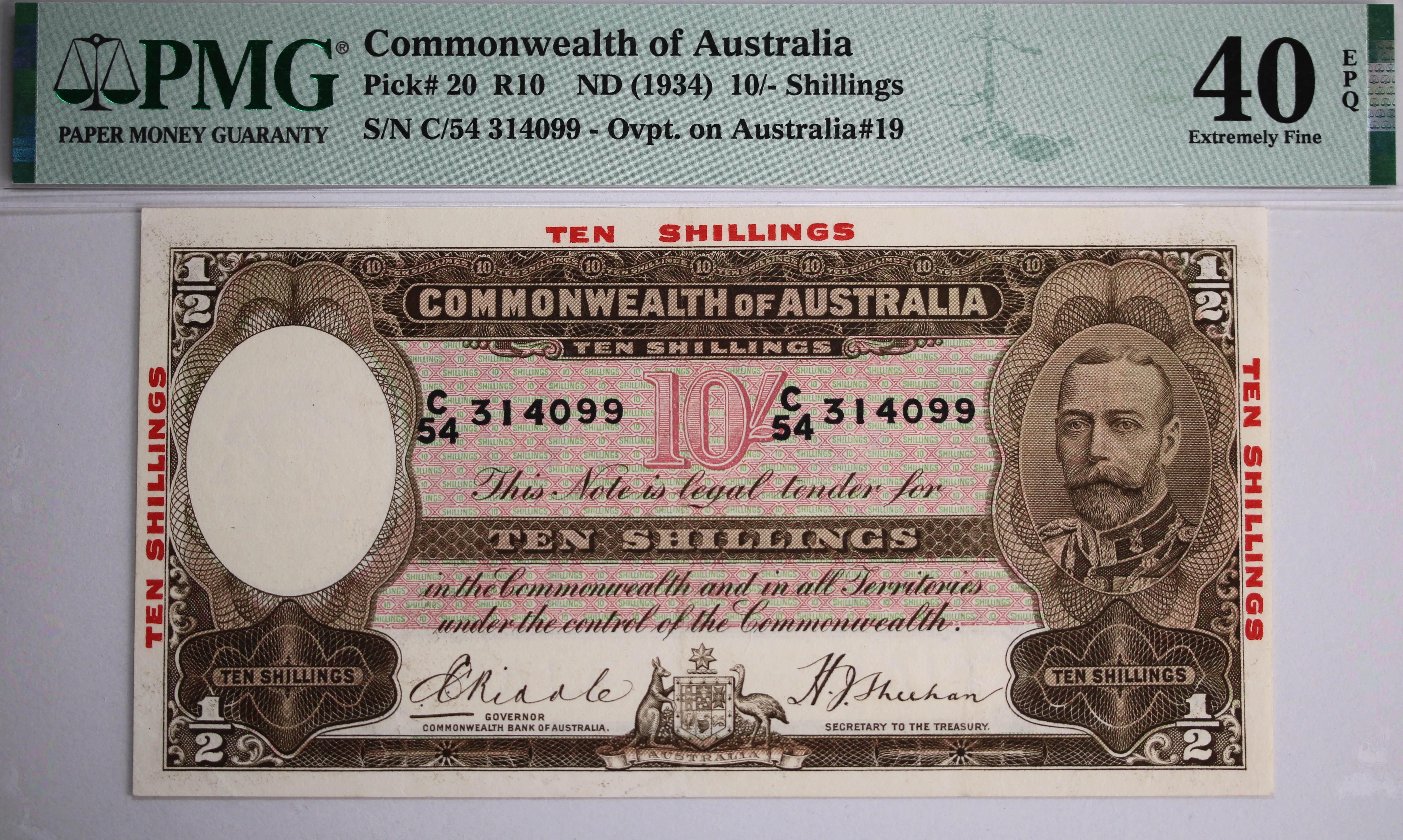 1934 Riddle/Heathershaw 10 Shilling Half Sovereign Overprint EF40EPQ Banknote