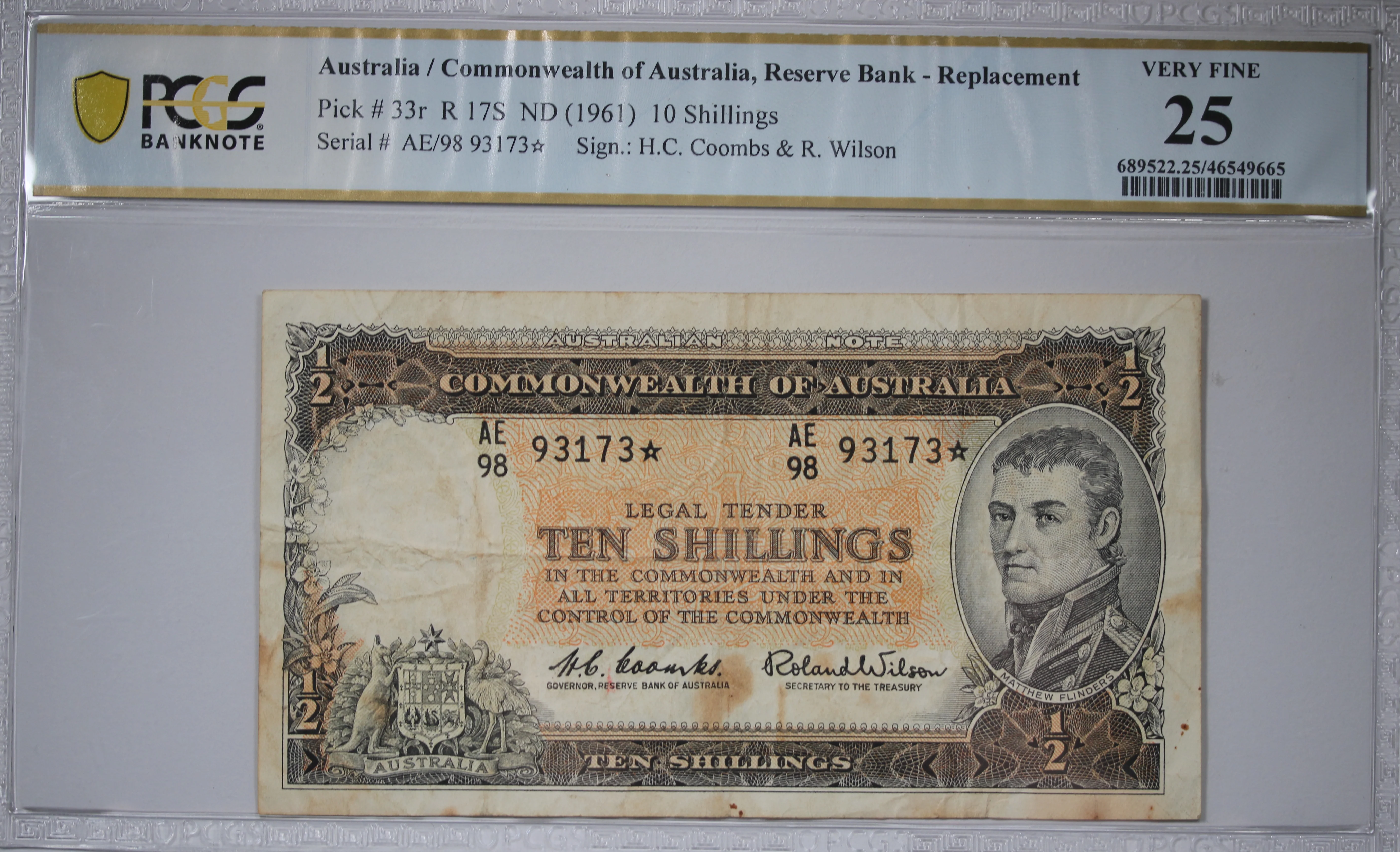 1961 Australia Coombs/Wilson 10 Shilling Star Replacement Note VF20 PCGS