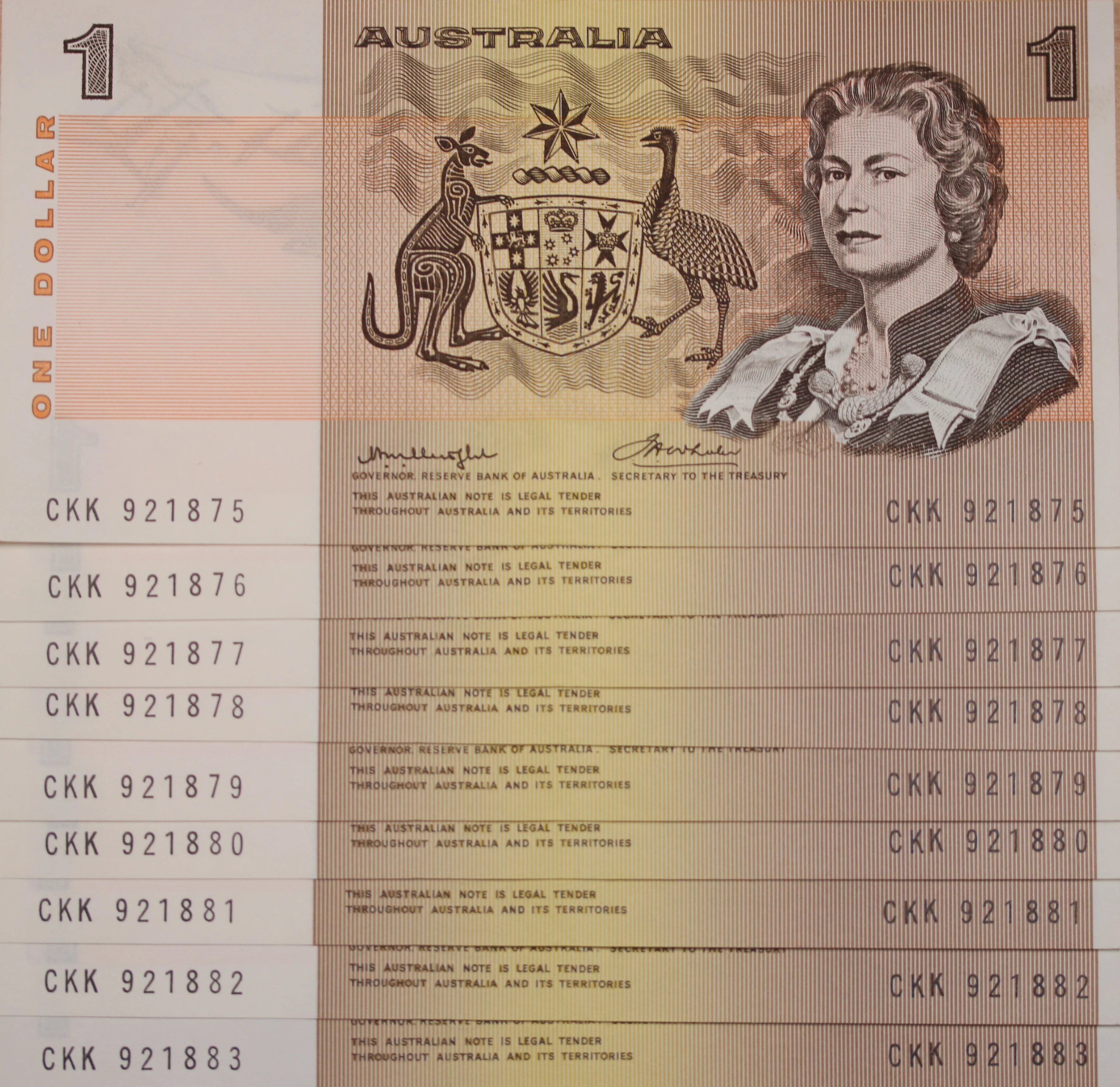 1976 $1 Knight/Wheeler Banknote aUNC Consecutive Run of 9