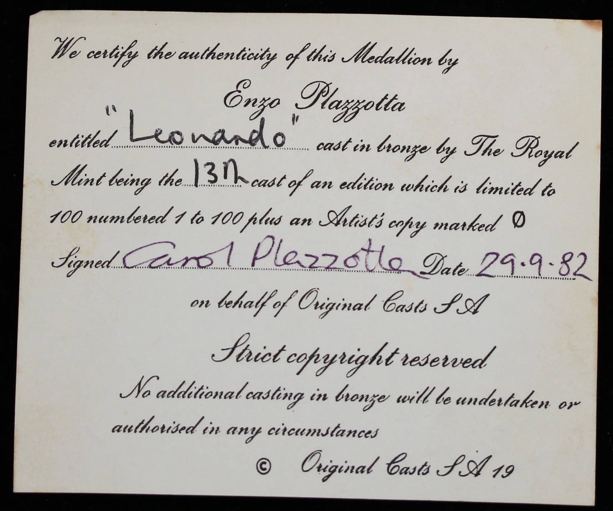 1982 Enzo Plazzotta "Leonardo" Bronze Plaque Limited #13 of 100 - Image 2