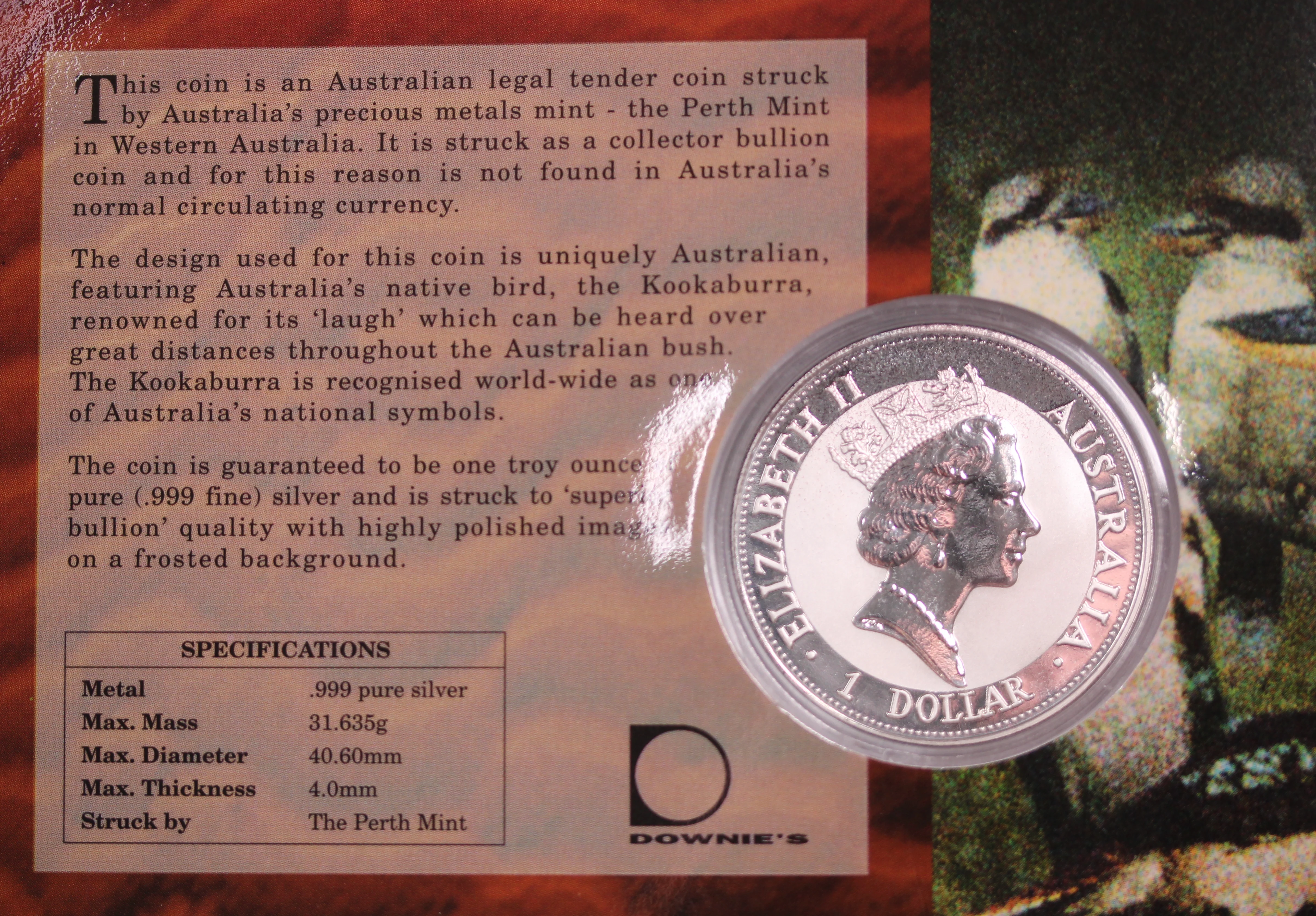 1992 Kookaburra 1oz Silver Coin in Card - Image 2