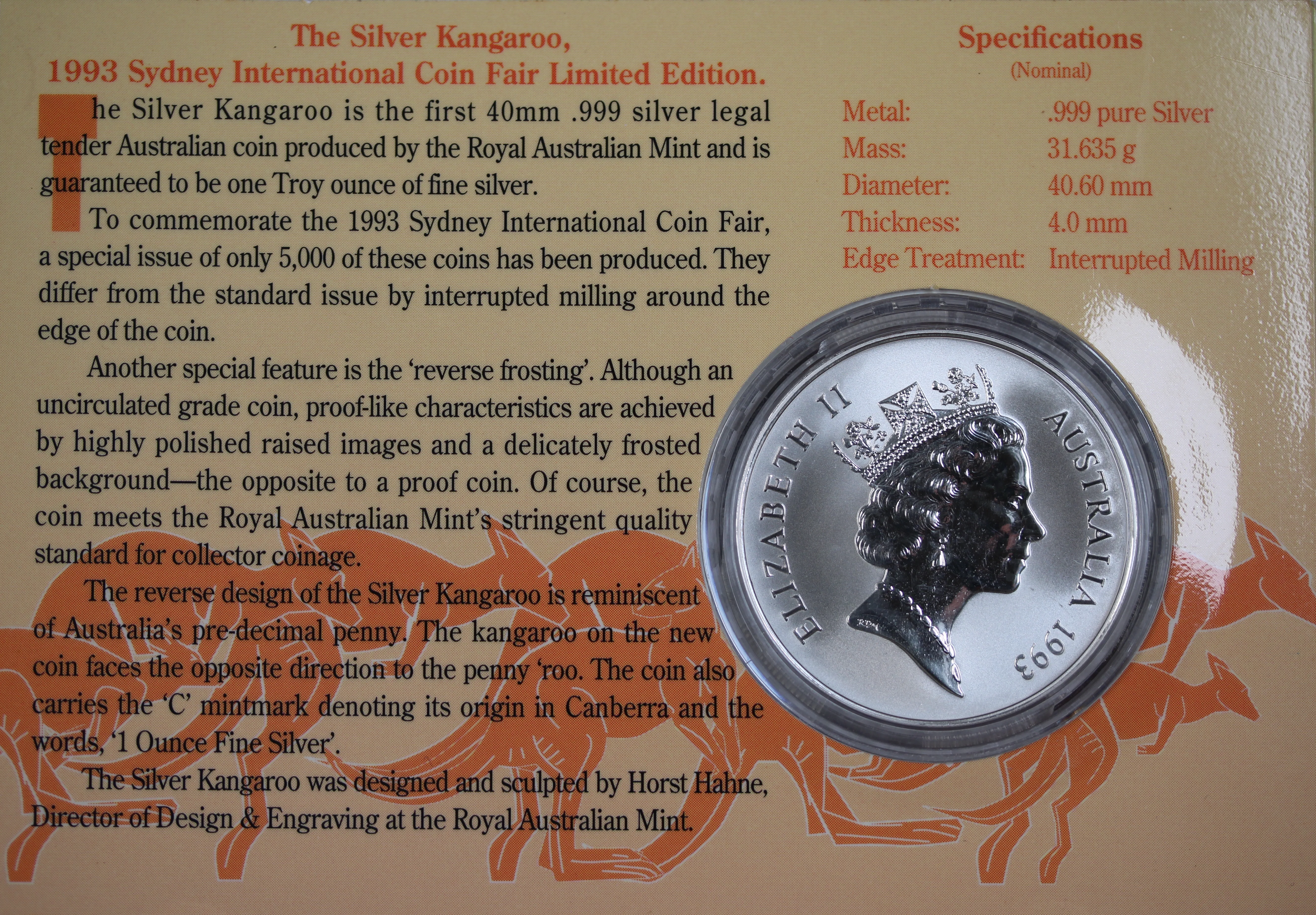 1993 Australian Kangaroo 1oz Silver Coin in Card Sydney Coin Show Issue - Image 2