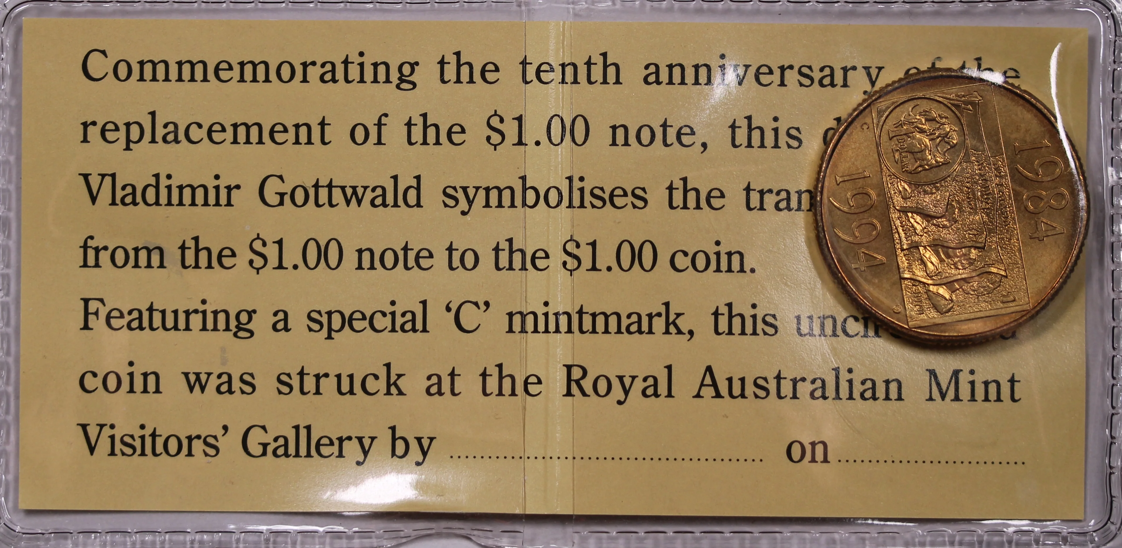 1994 $1 Commemorative Coin UNC - Special Royal Australian Mint Visitor' Gallery Issue - Image 2