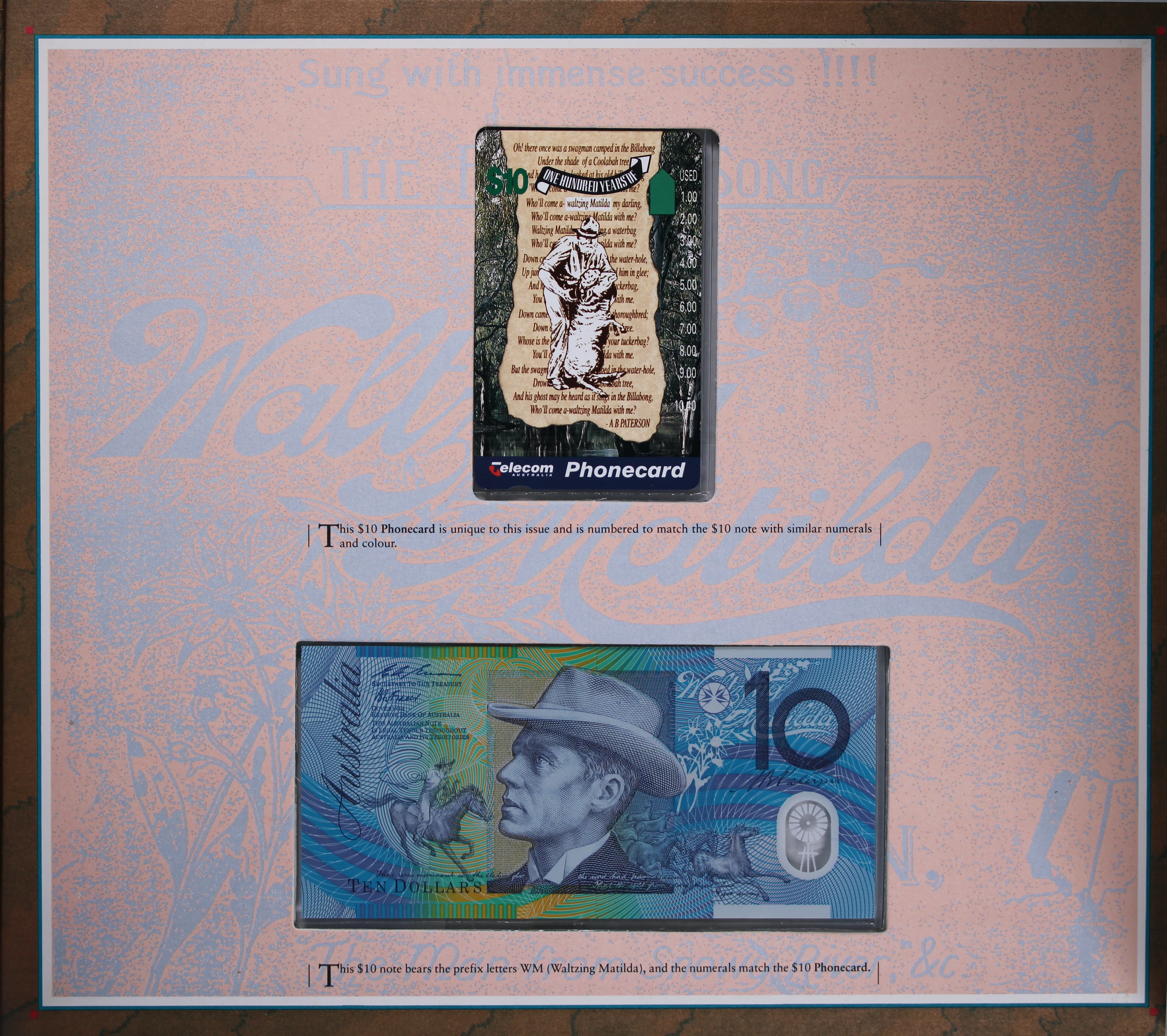 1995 $10 Banknote And Phonecard Set Deluxe - Waltzing Matilda 100th Anniversary NPA Folder - Image 3