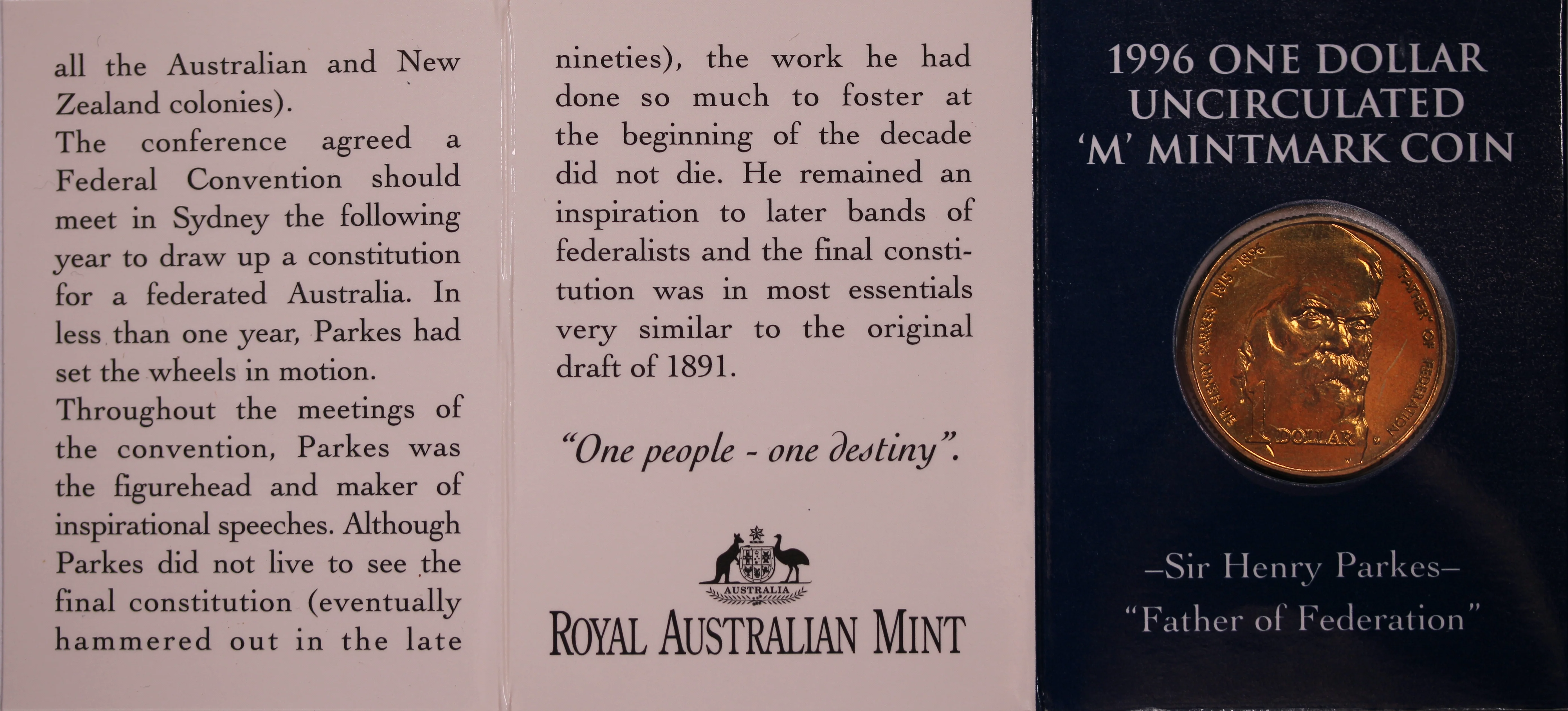 1996 $1 Sir Henry Parkes "Father of Federation" UNC - 'M' Mintmark