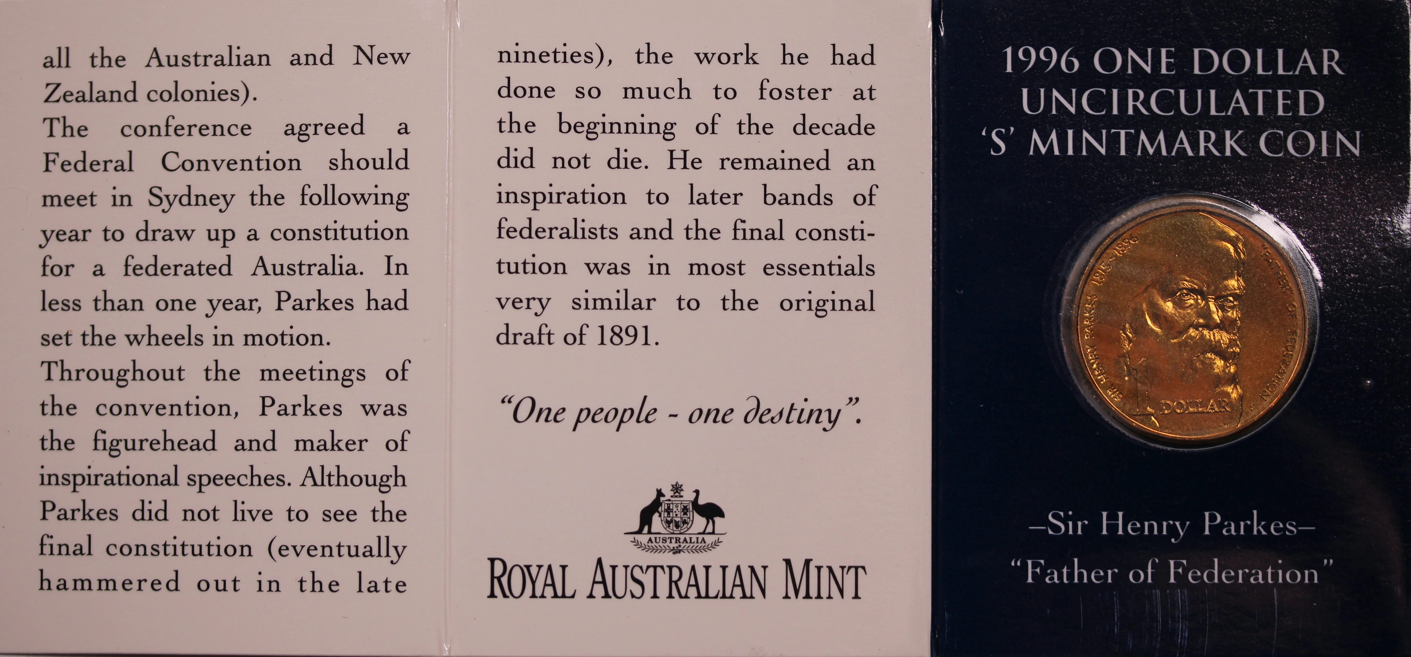1996 $1 Sir Henry Parkes "Father of Federation" UNC - 'S' Mintmark