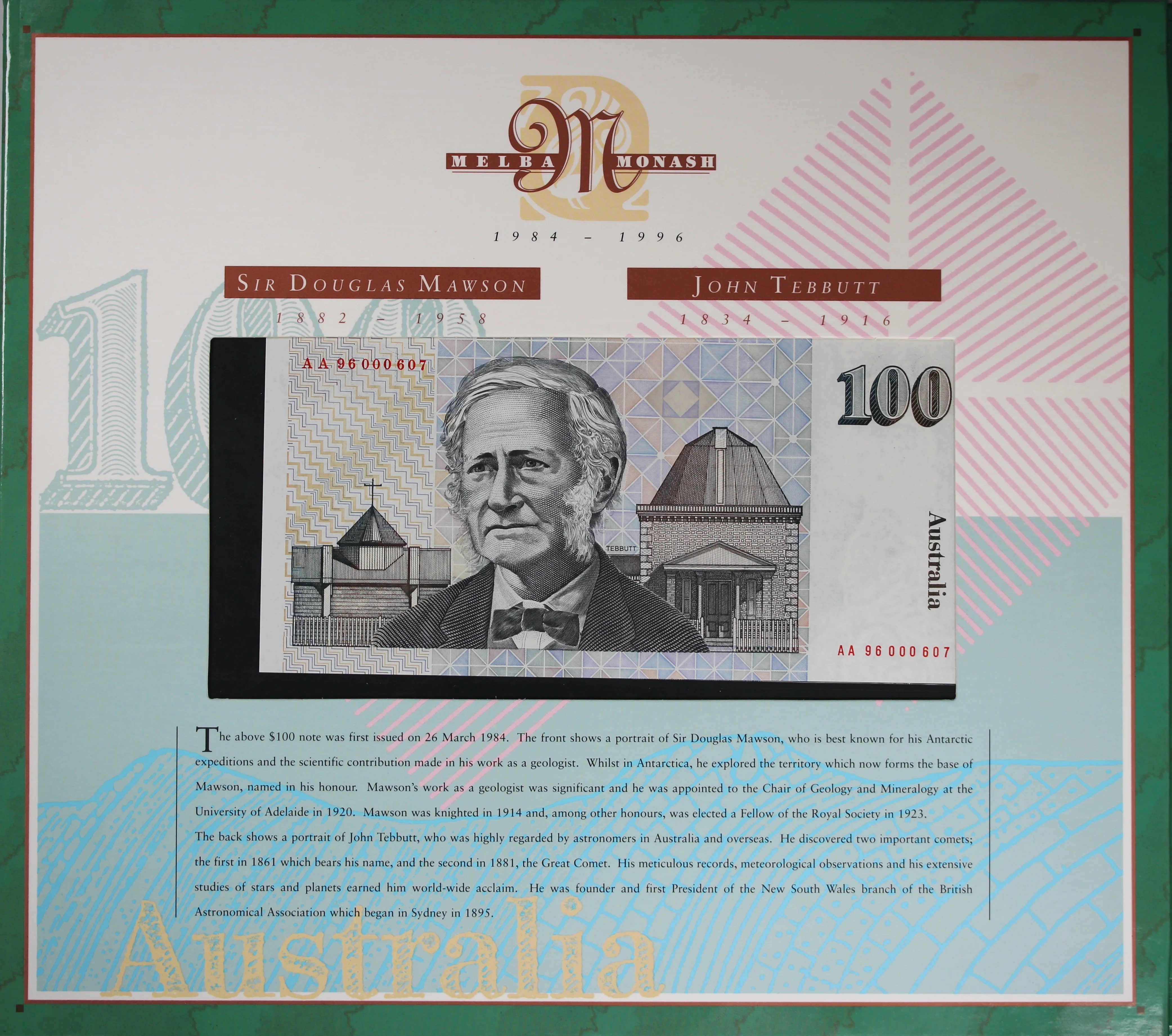 1996 $100 NPA Two Note Collector Portfolio AA96 Red Serials - Image 2