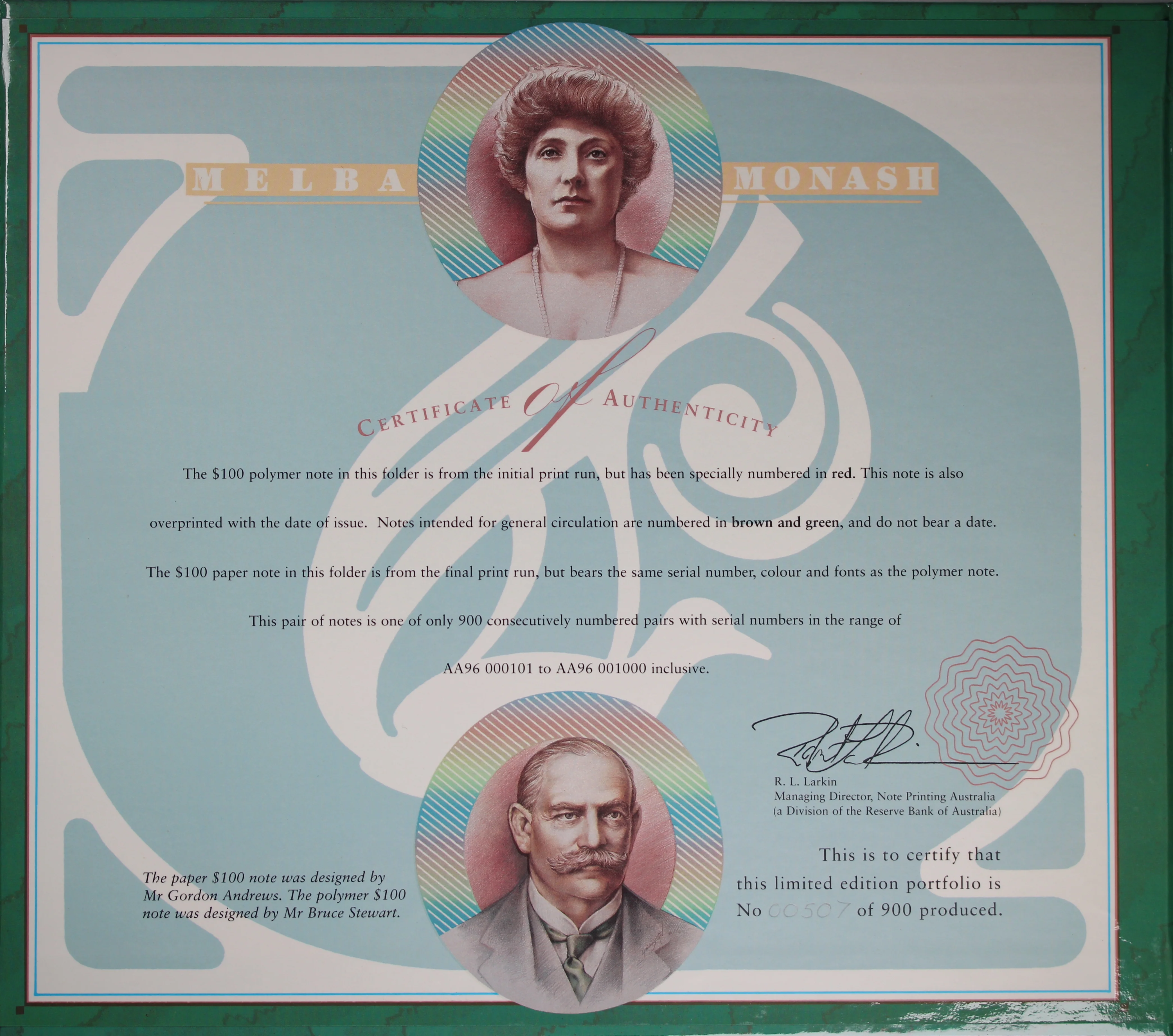 1996 $100 NPA Two Note Collector Portfolio AA96 Red Serials - Image 3