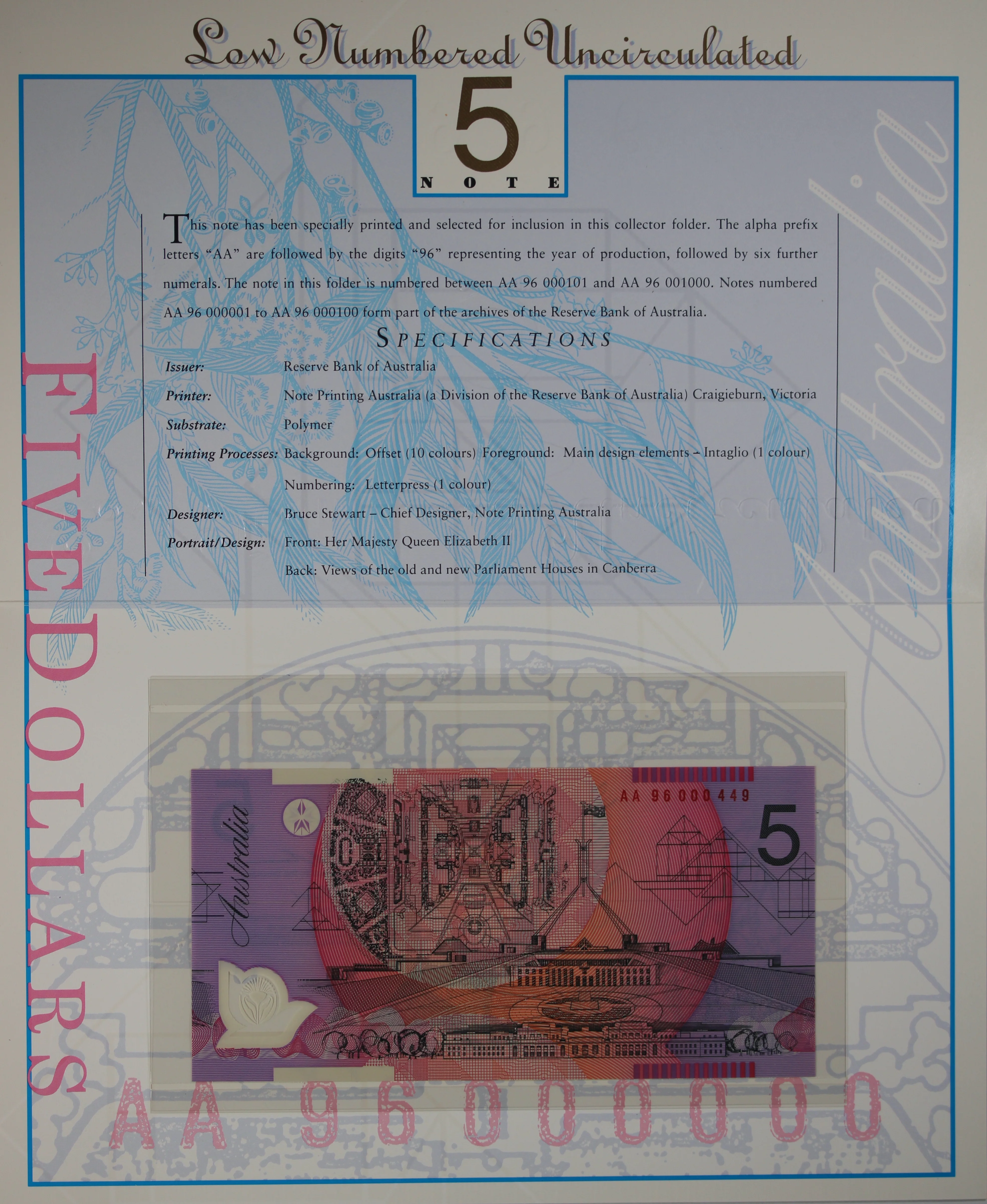1996 $5 ,10, 20, 50 Banknotes In Matching Premium Low Red Numbered NPA Folders - Image 2