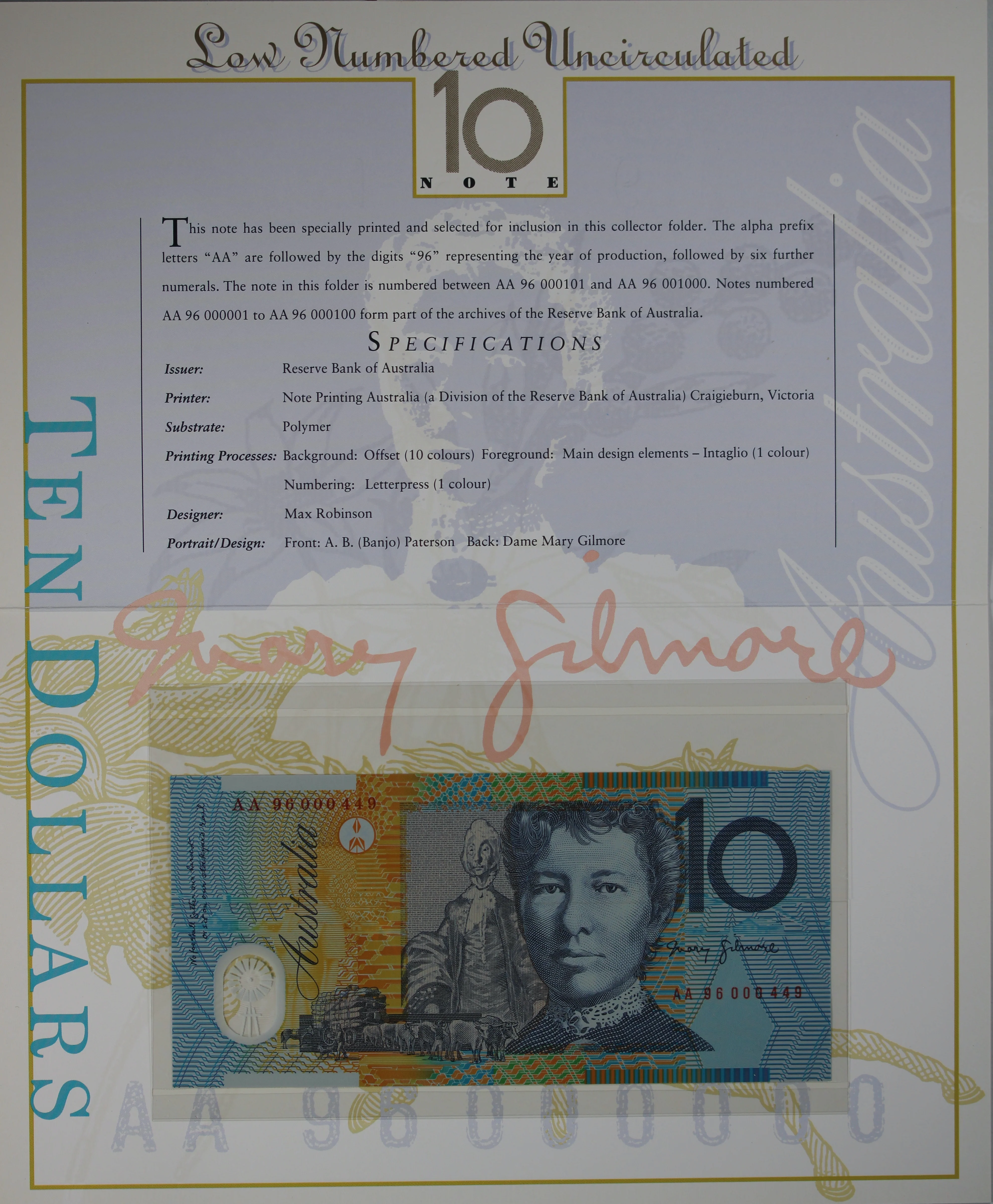 1996 $5 ,10, 20, 50 Banknotes In Matching Premium Low Red Numbered NPA Folders - Image 4