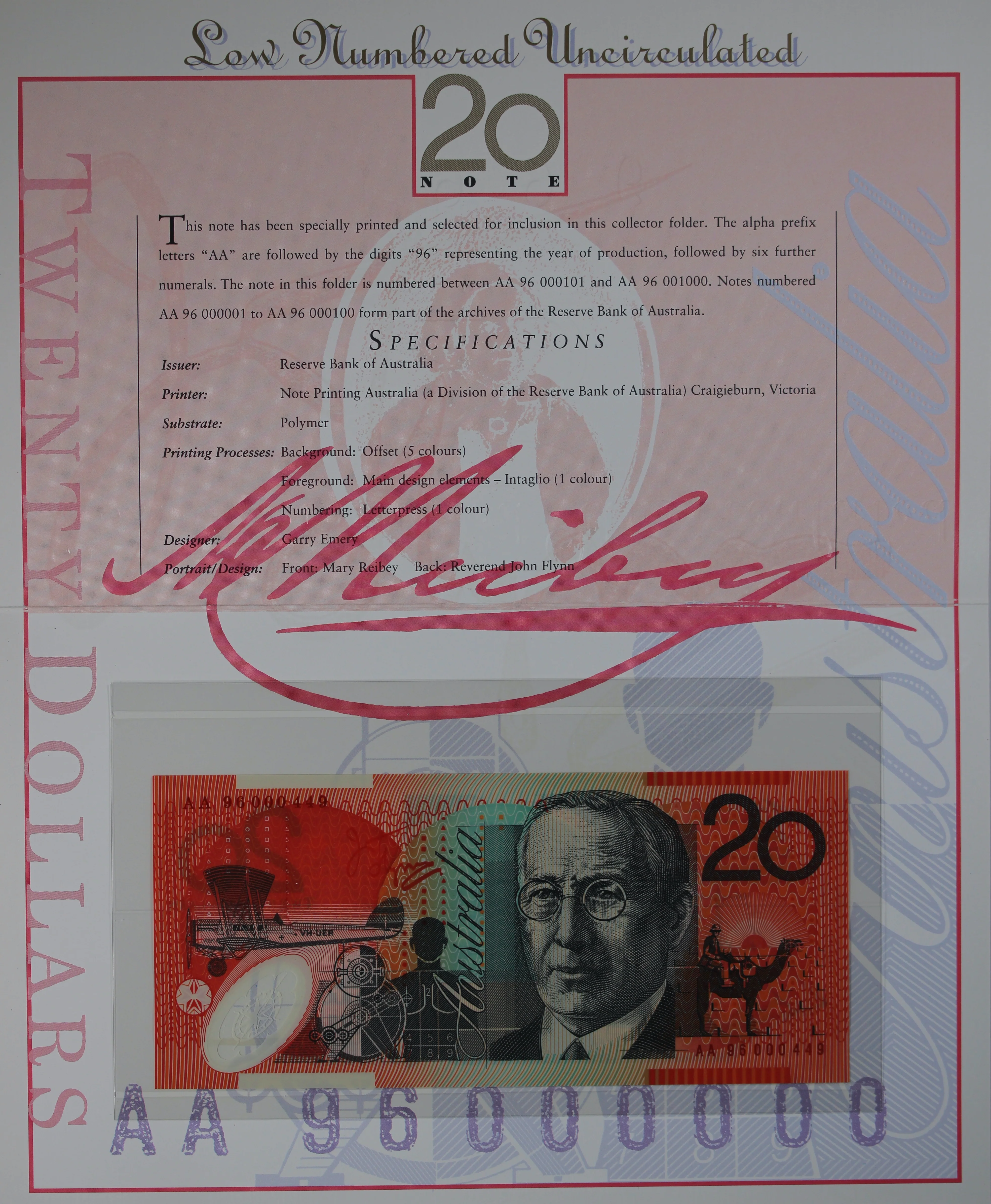 1996 $5 ,10, 20, 50 Banknotes In Matching Premium Low Red Numbered NPA Folders - Image 6