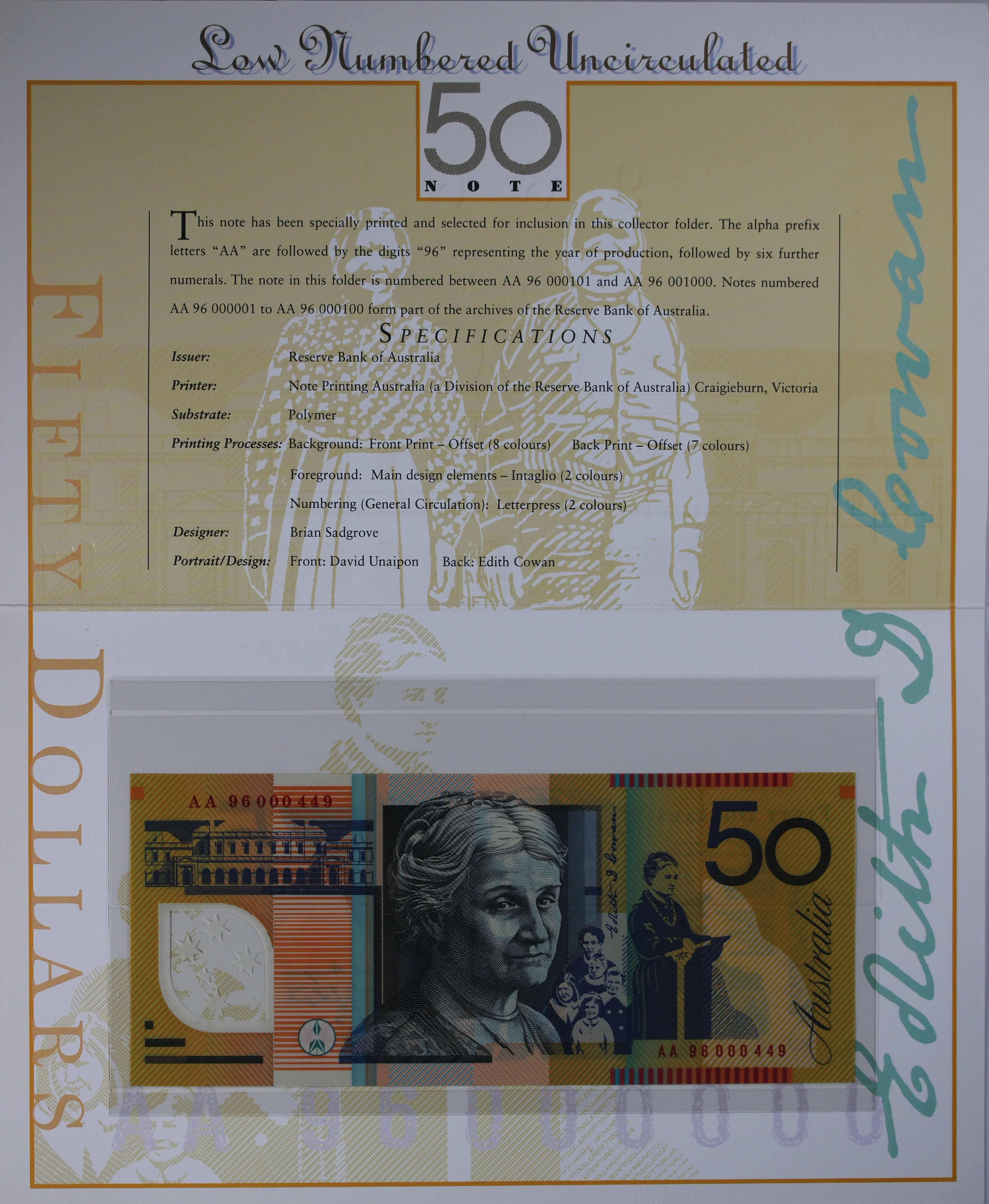 1996 $5 ,10, 20, 50 Banknotes In Matching Premium Low Red Numbered NPA Folders - Image 8