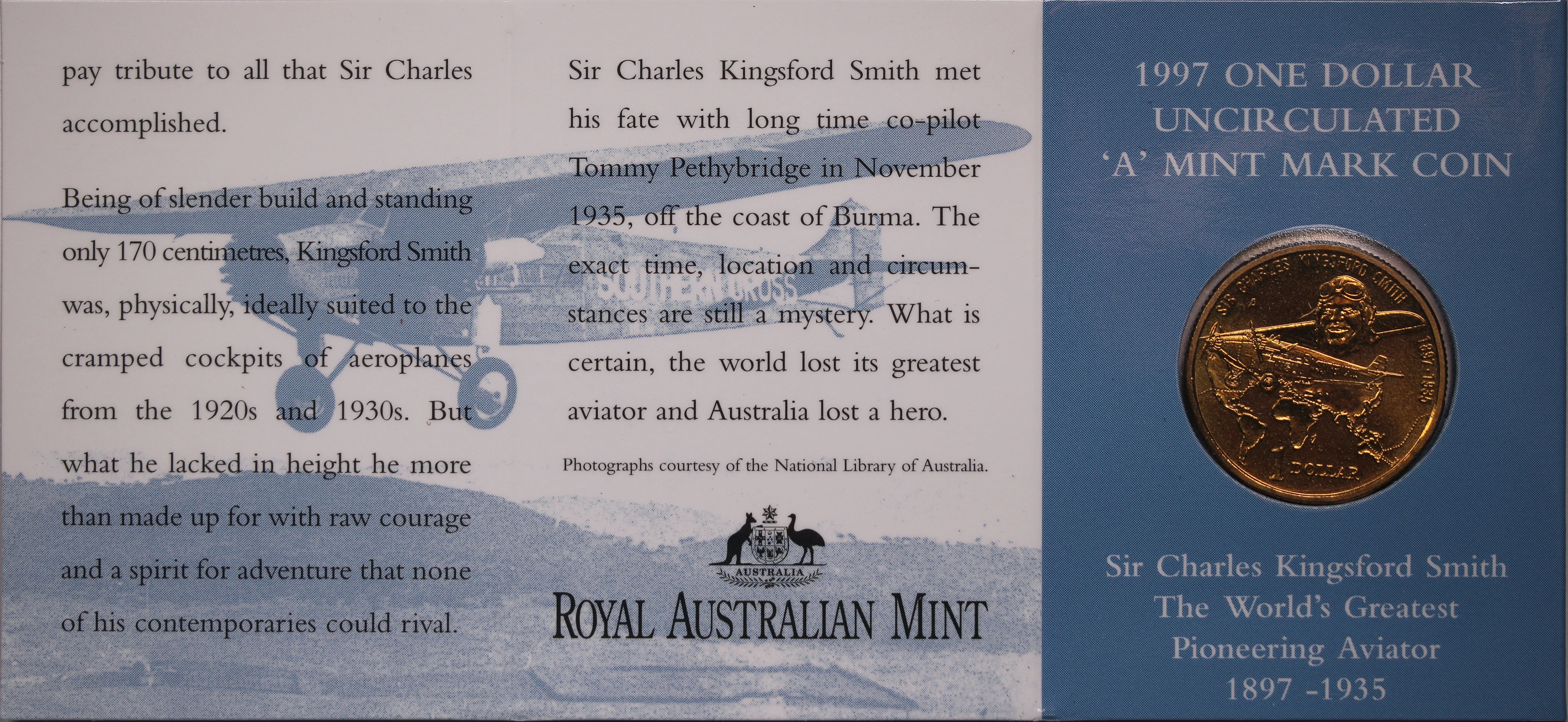 1997 $1 Royal Adelaide Show Sir Charles Kingsford Smith - 'A' Minmark
