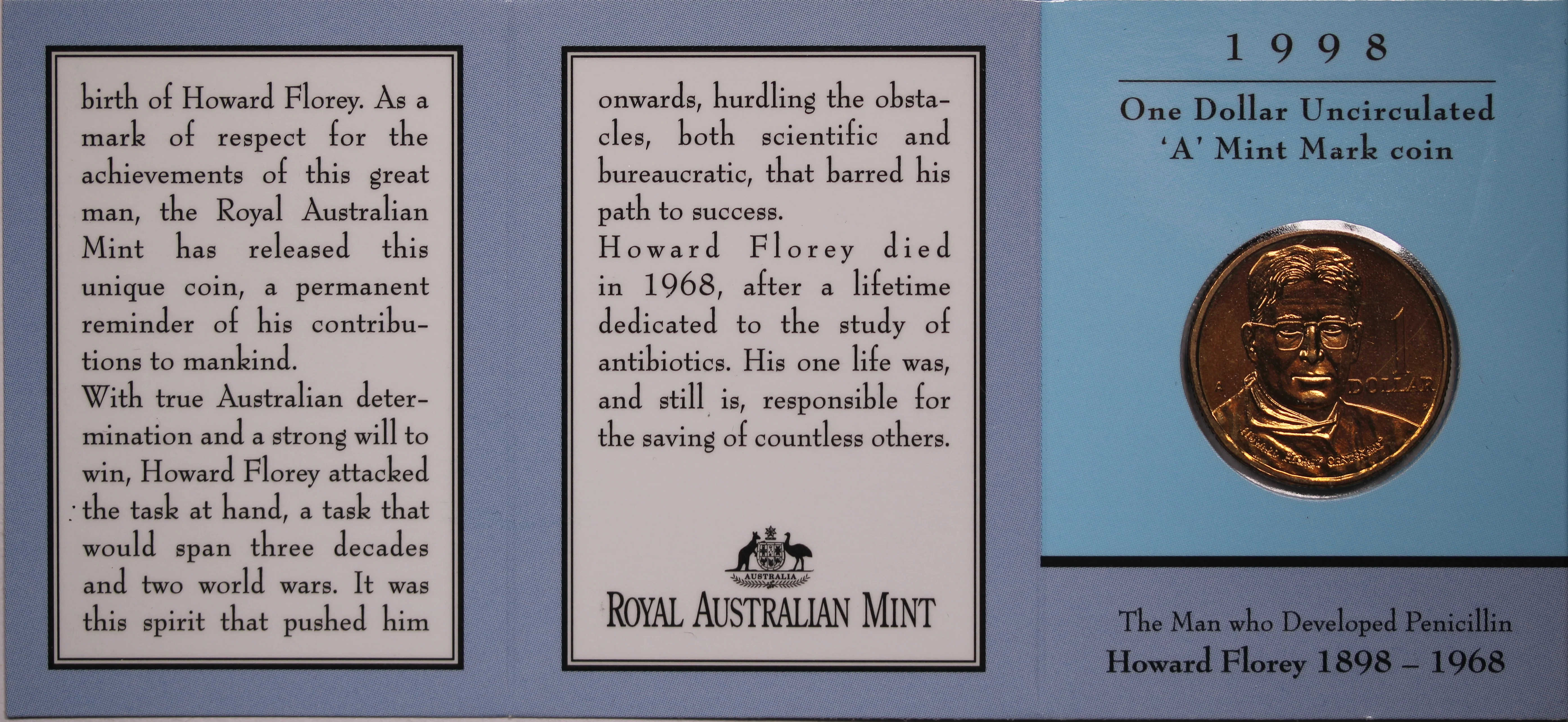 1998 $1 Howard Florey UNC- 'A' Mintmark