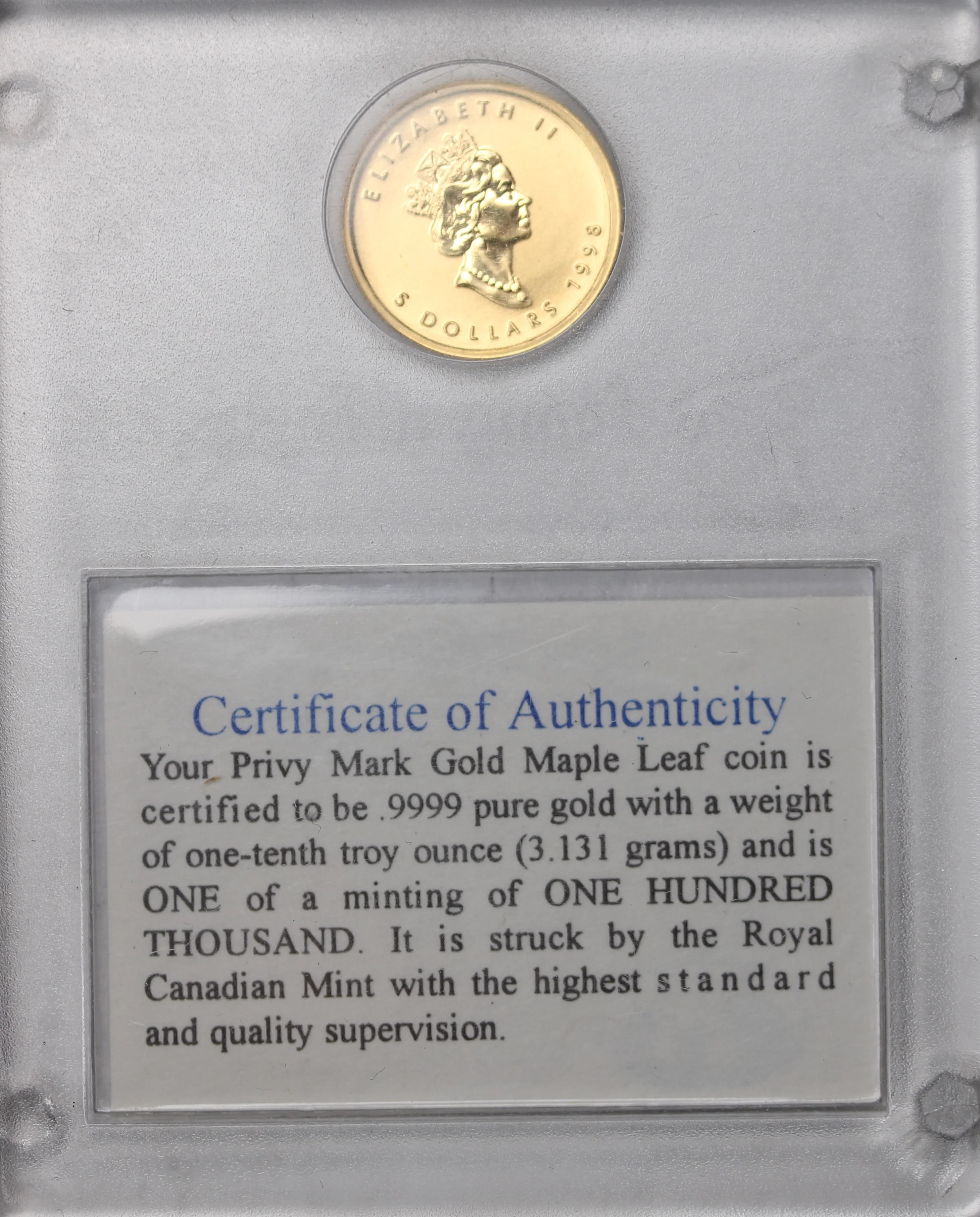 1998 Canada Eagle (2nd Edition) Privy Mark 1/10oz Gold Maple Leaf Coin - Image 3