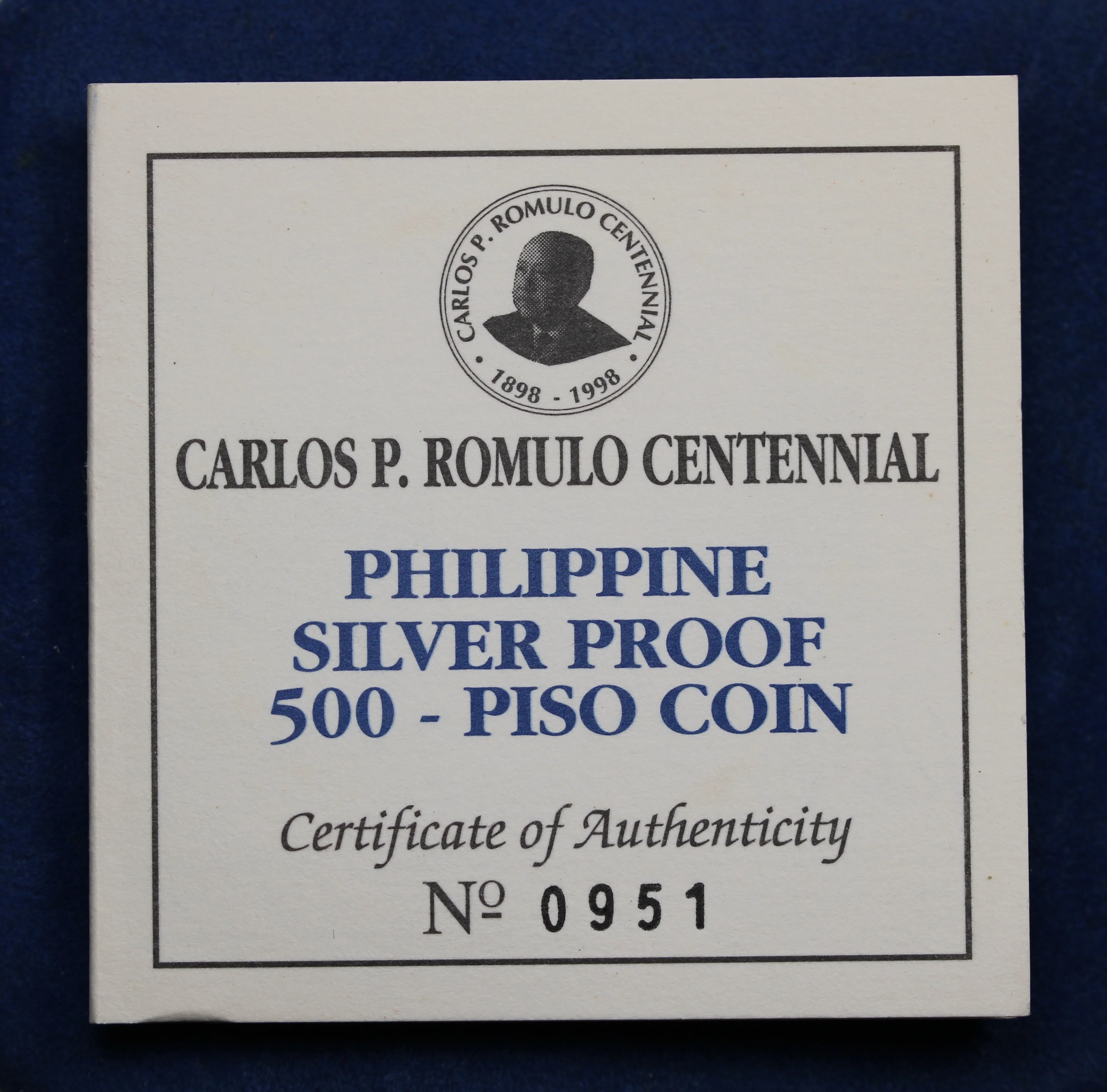 1998 Philippines Carlos P Romulo Centennial 500 Piso Silver Proof Coin - Image 3