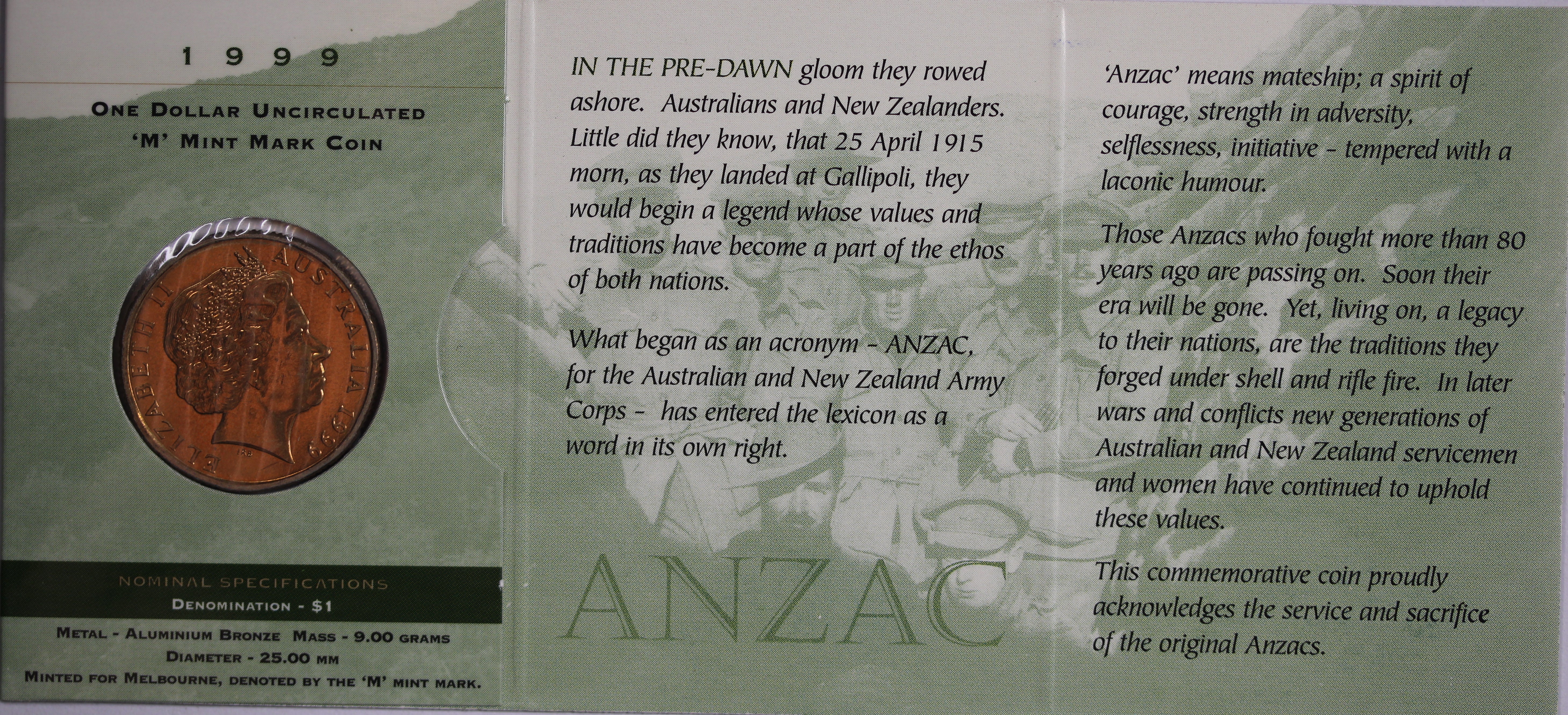 1999 $1 The Last ANZACs UNC - 'M' Mintmark - Image 2