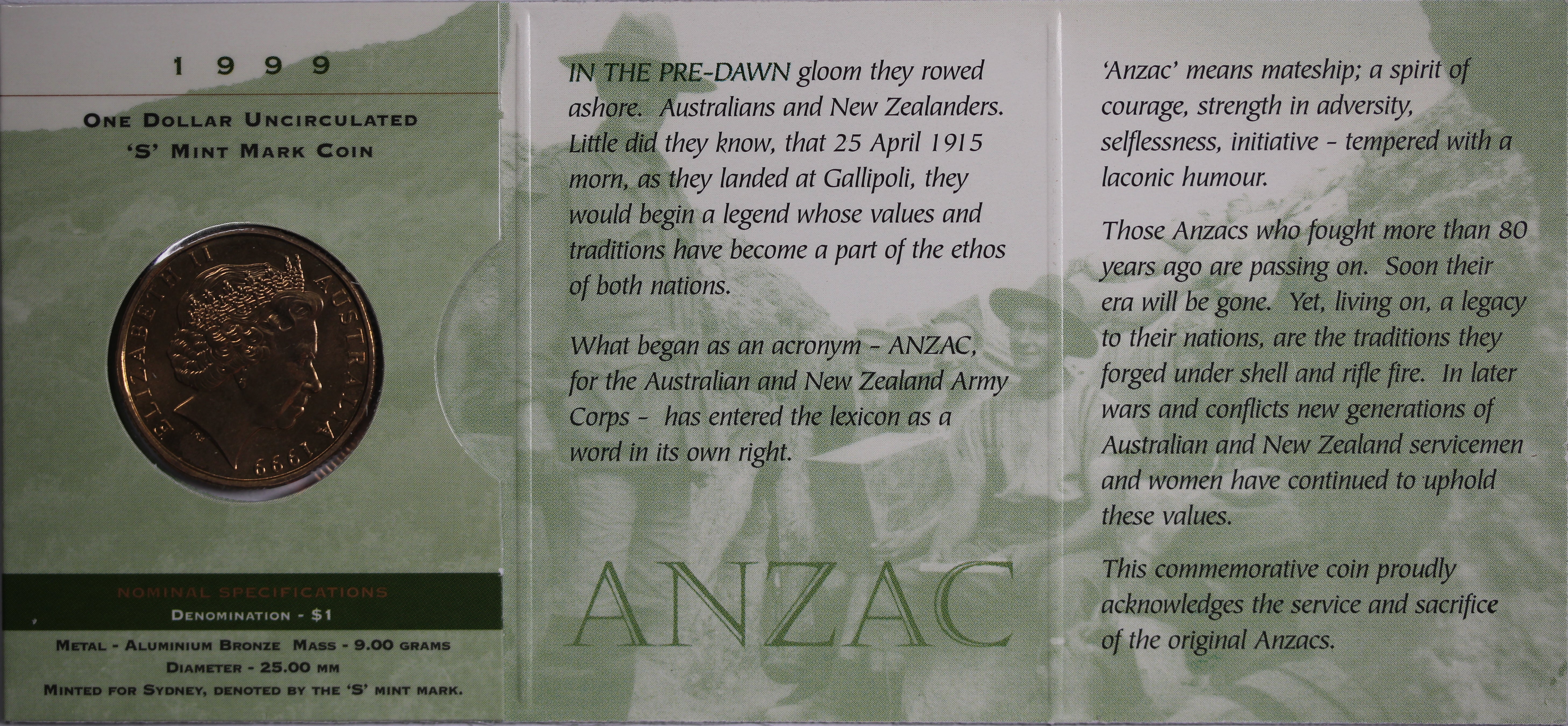 1999 $1 The Last ANZACs UNC - 'S' Mintmark - Image 2