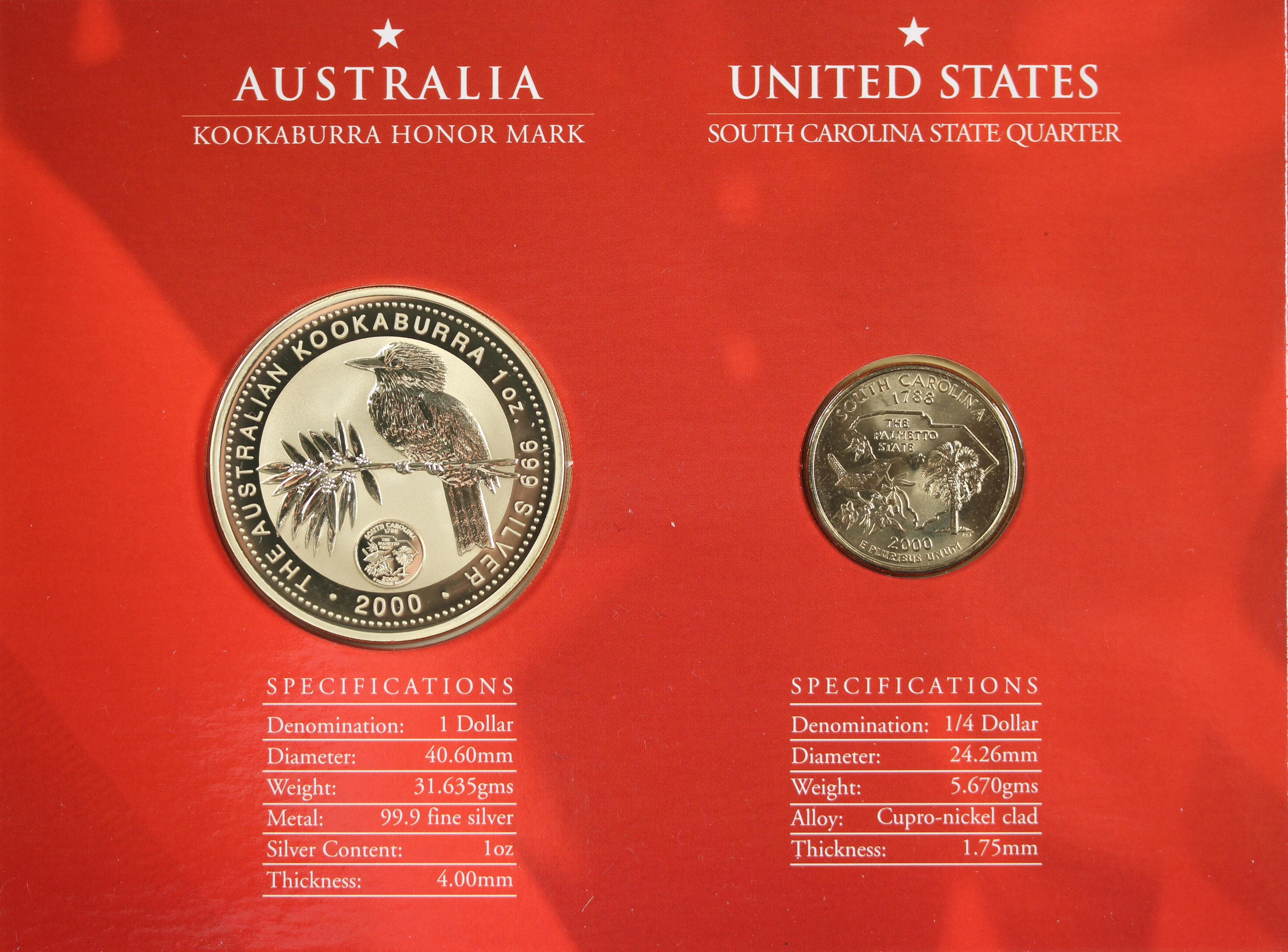 2000 Kookaburra 1oz Silver Coin Honour Mark Collection - South Carolina - Image 3