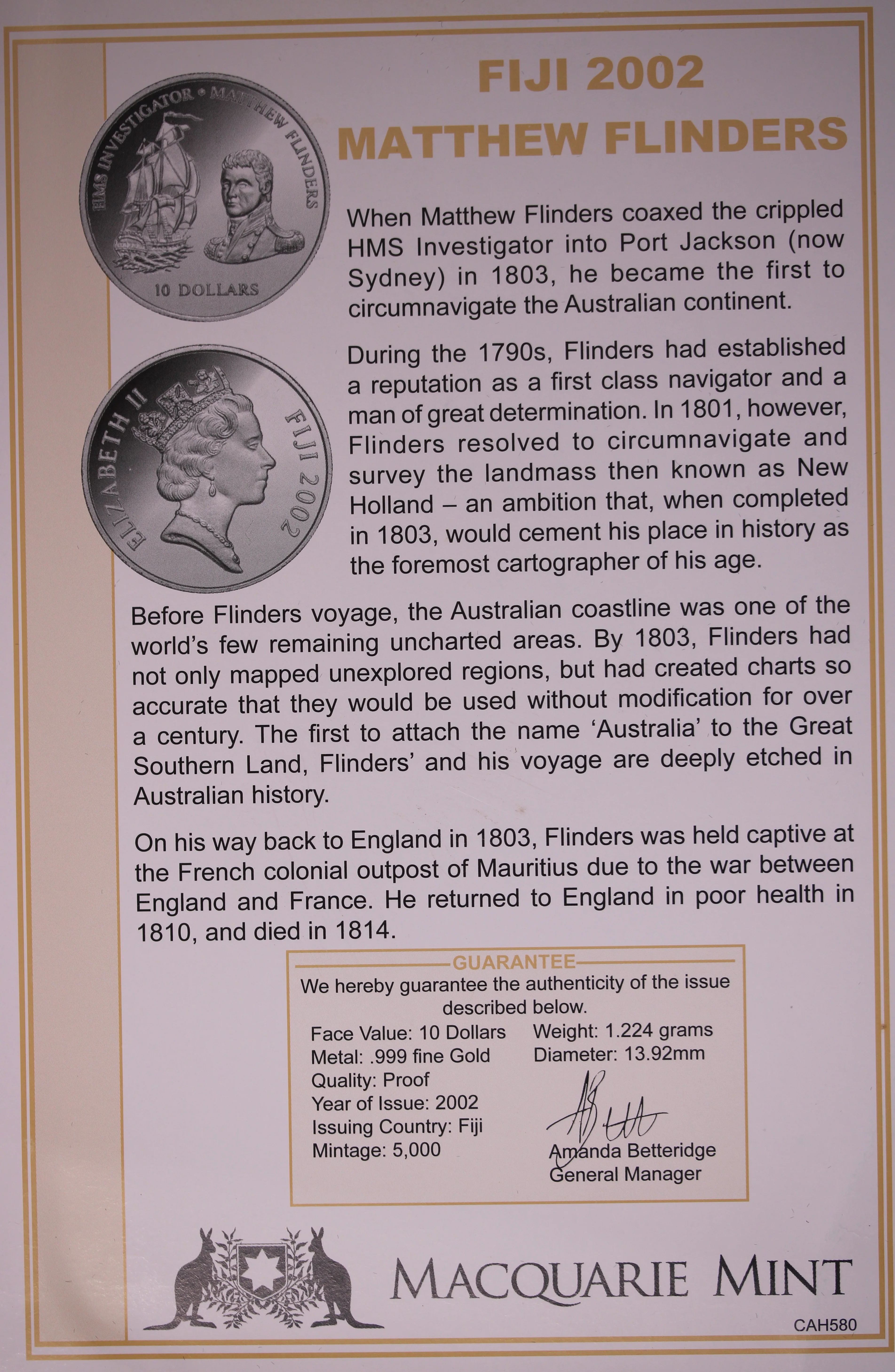 2002 Matthew Flinders 1.2g .999 Gold Proof Coin - Image 3