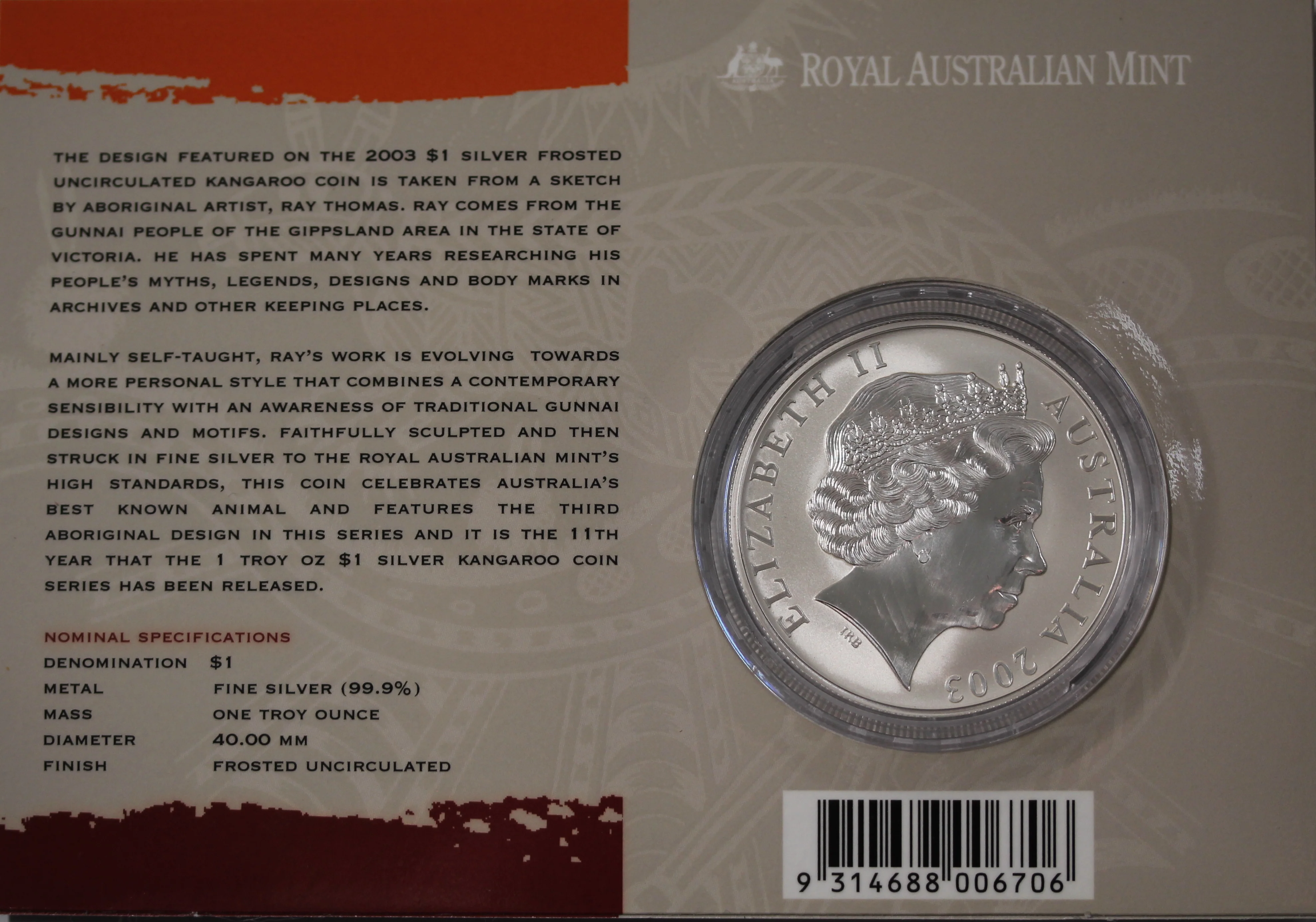 2003 Australian Kangaroo 1oz Silver Coin in Card - Image 2