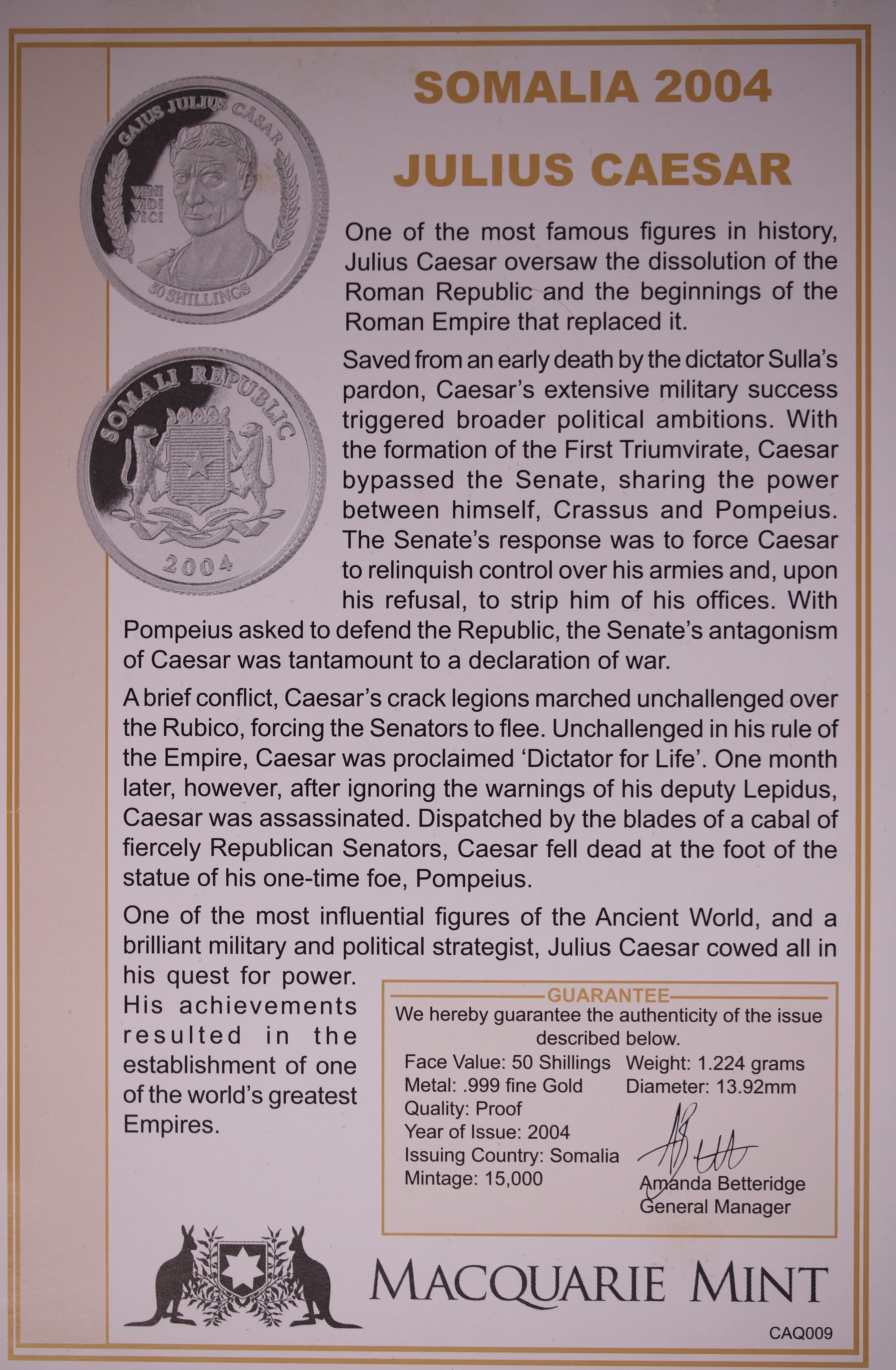 2004 Julius Caesar 1.2g .999 Gold Proof Coin - Image 3