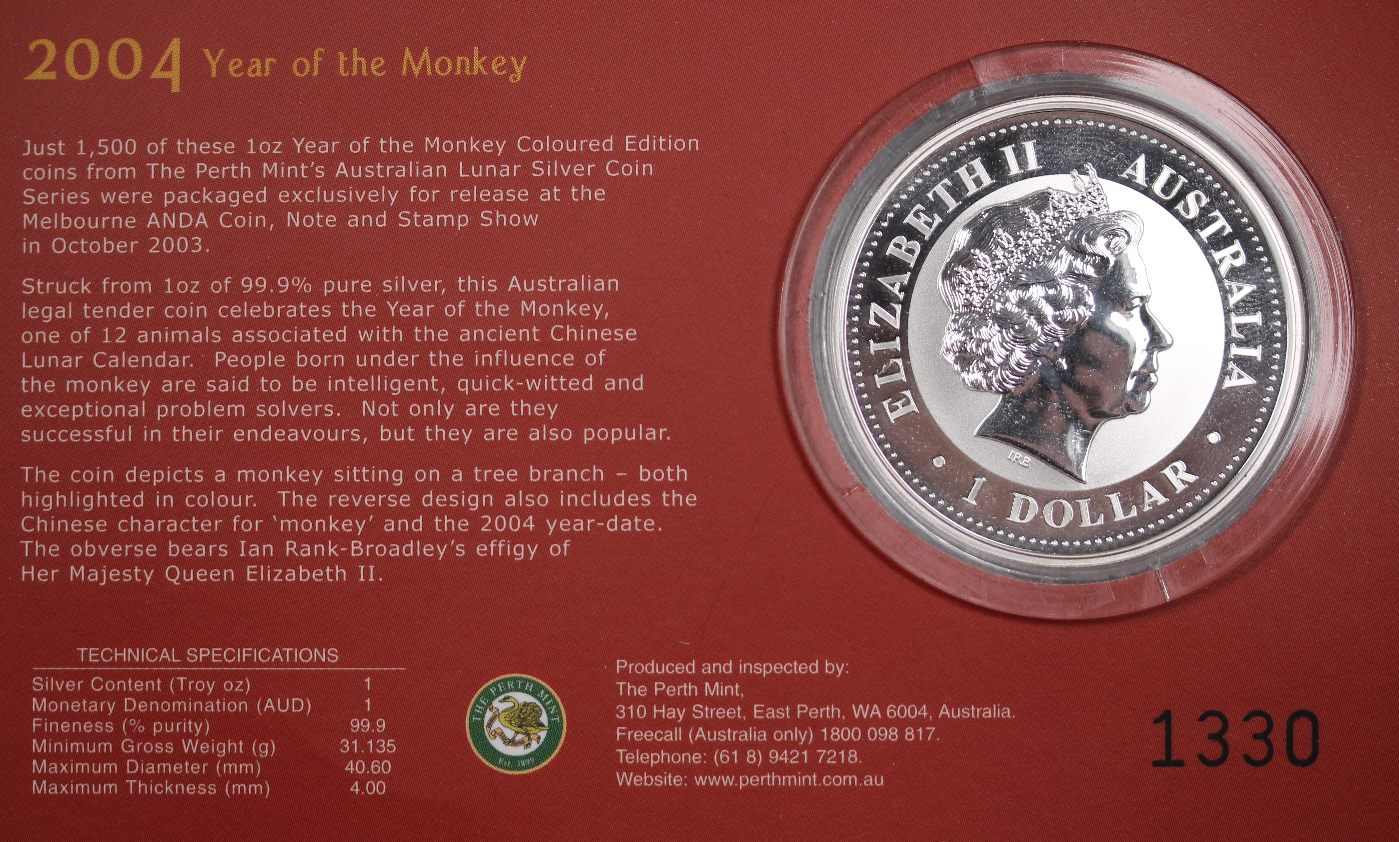 2004 Lunar Series I Year of the Monkey 1oz Coloured Silver Coin ANDA Edition - Image 2