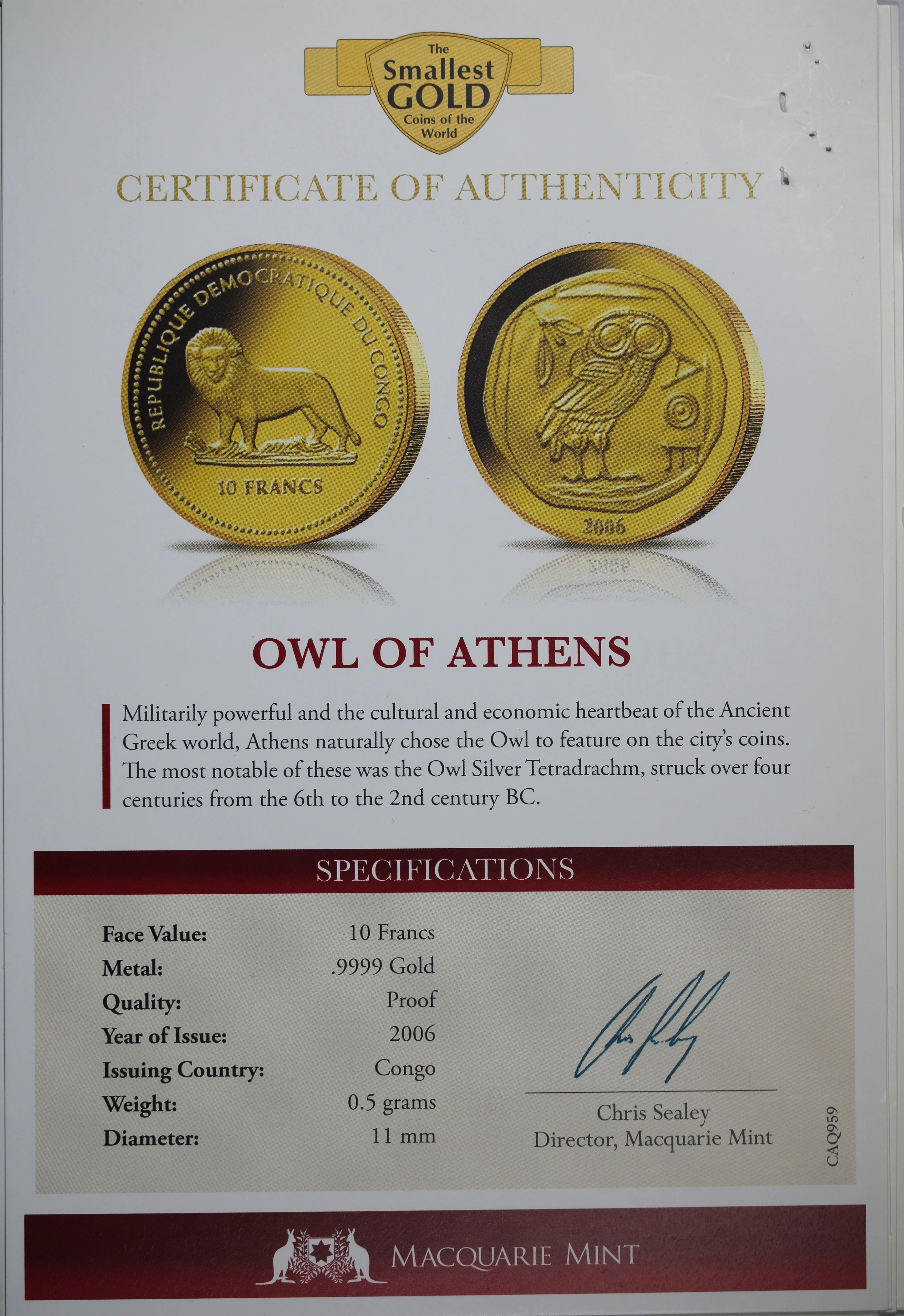 2006 10 Francs Owl of Athens 0.5g Gold Coin - Image 2