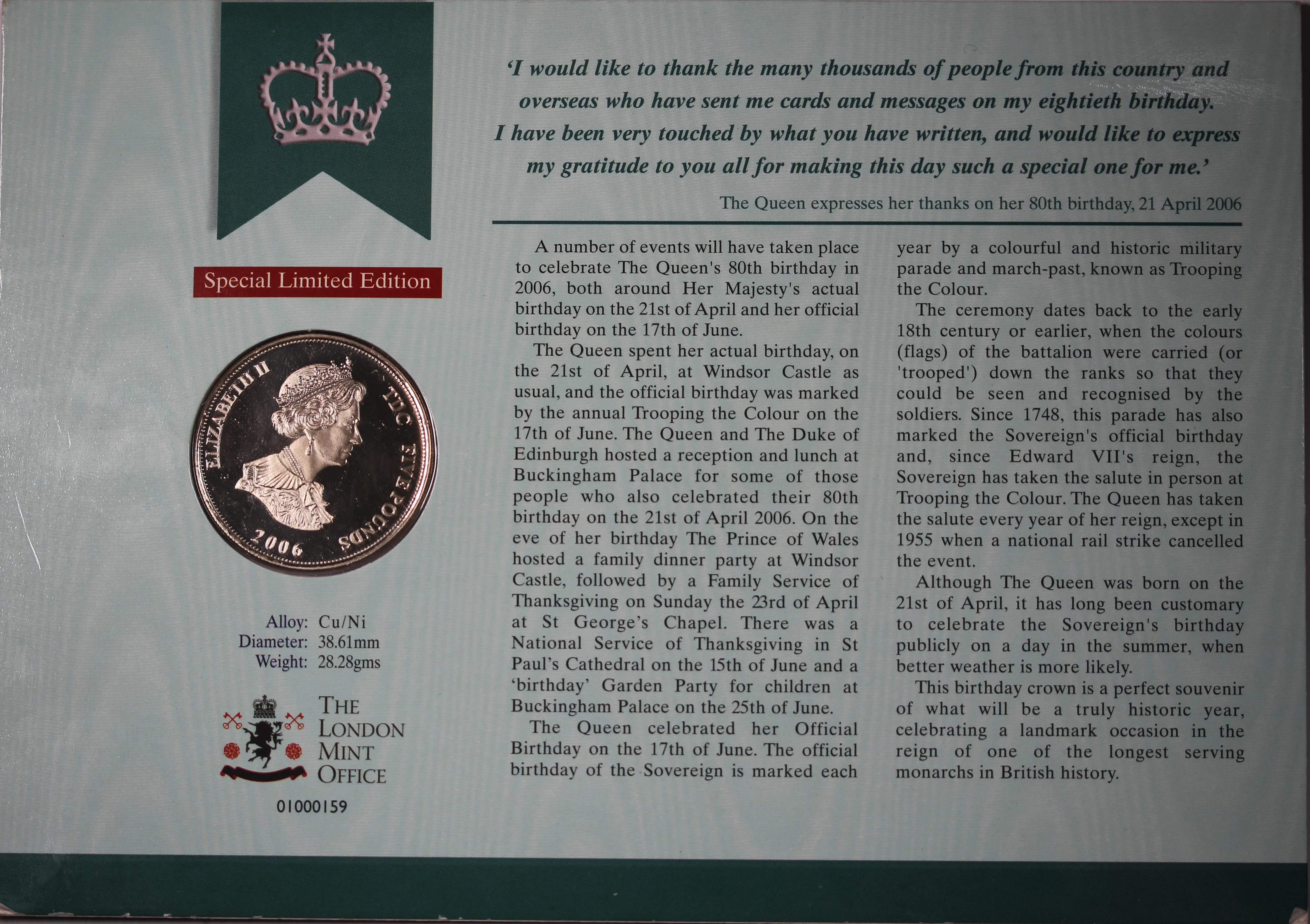 2006 Great Britain UK QEII 80th Birthday Crown Coin - Image 2