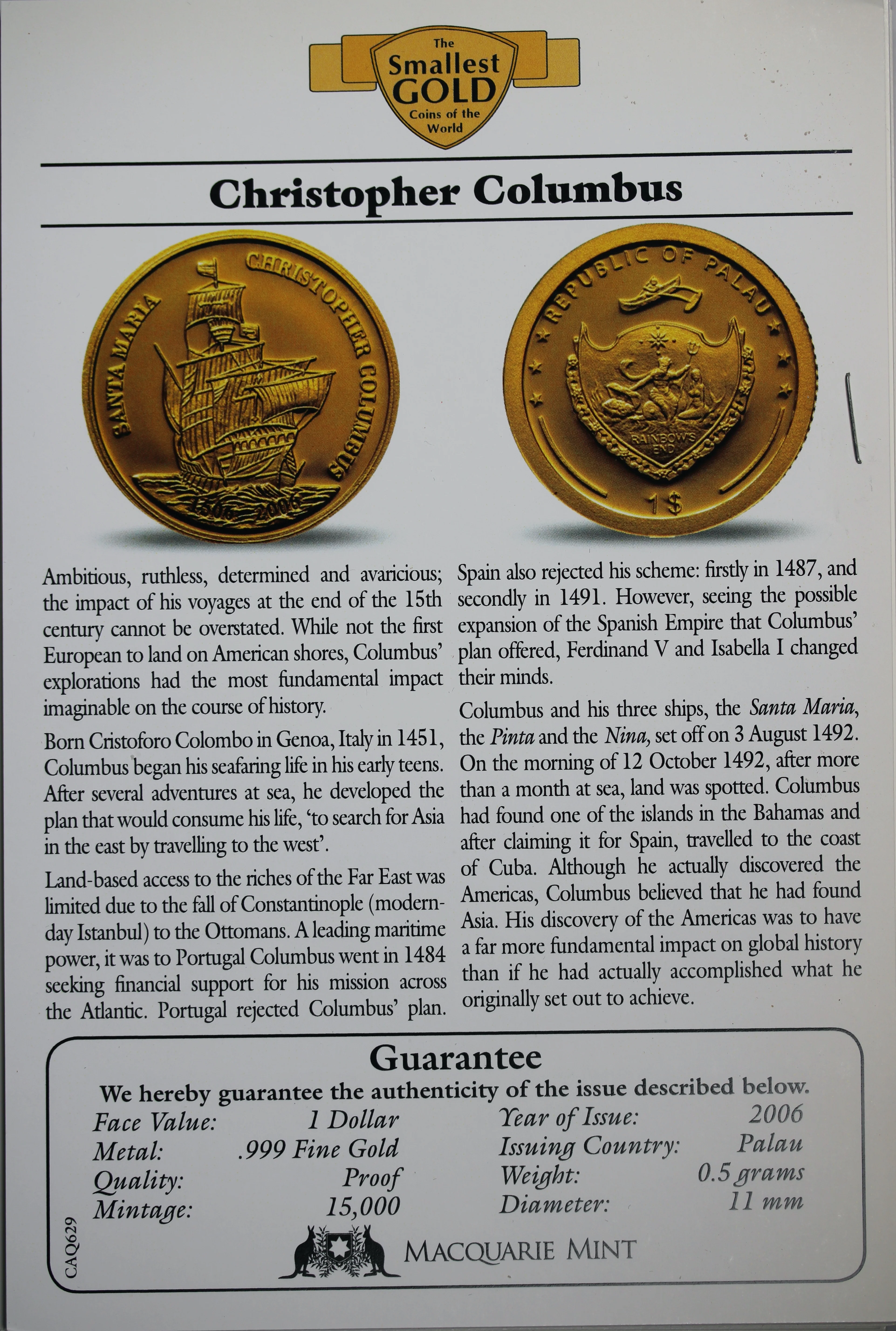 2006 Palau $1 Christopher Columbus 0.5g Gold Coin - Image 2