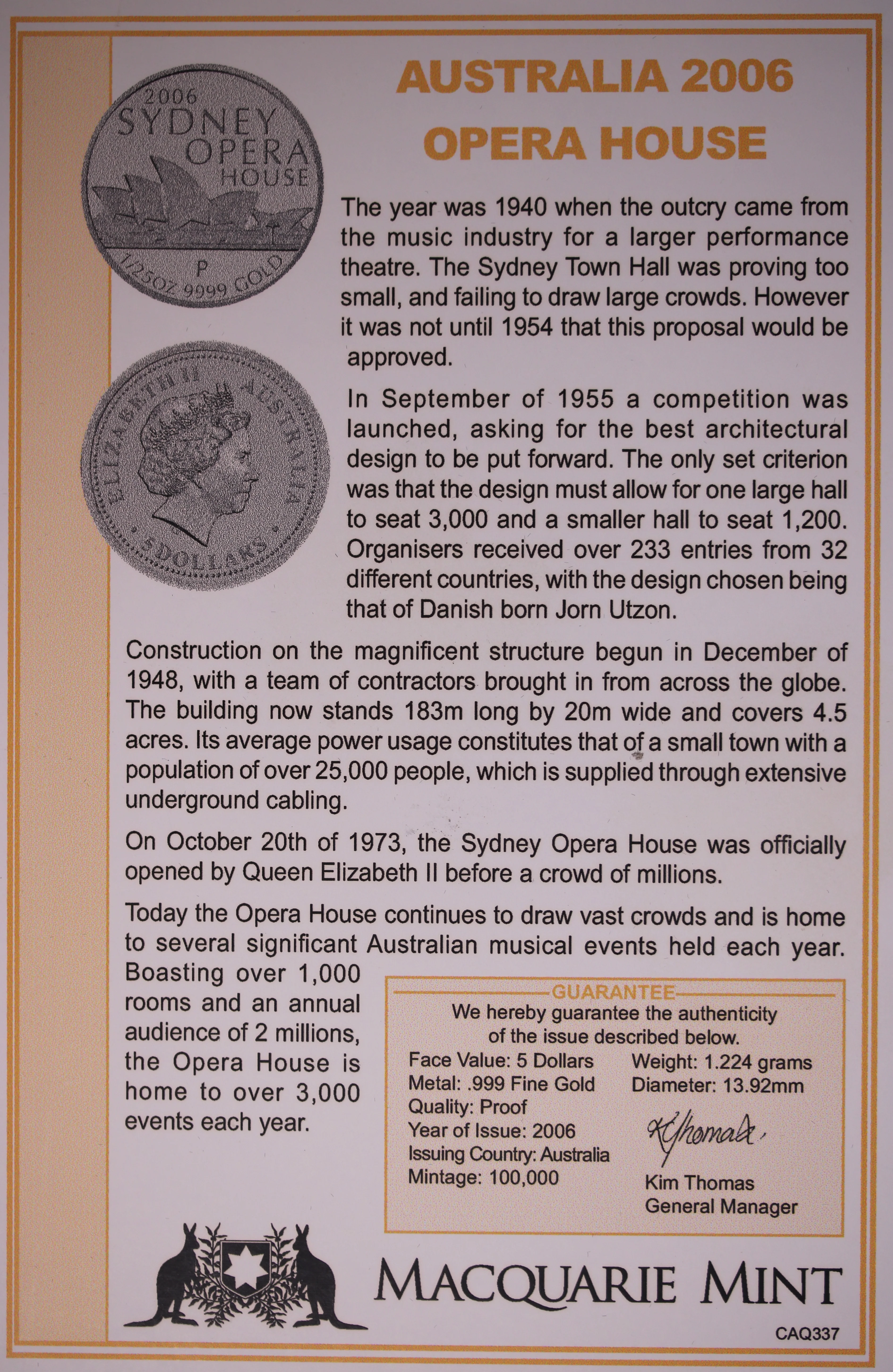 2006 Sydney Opera House 1/25oz Gold Proof Coin - Image 3