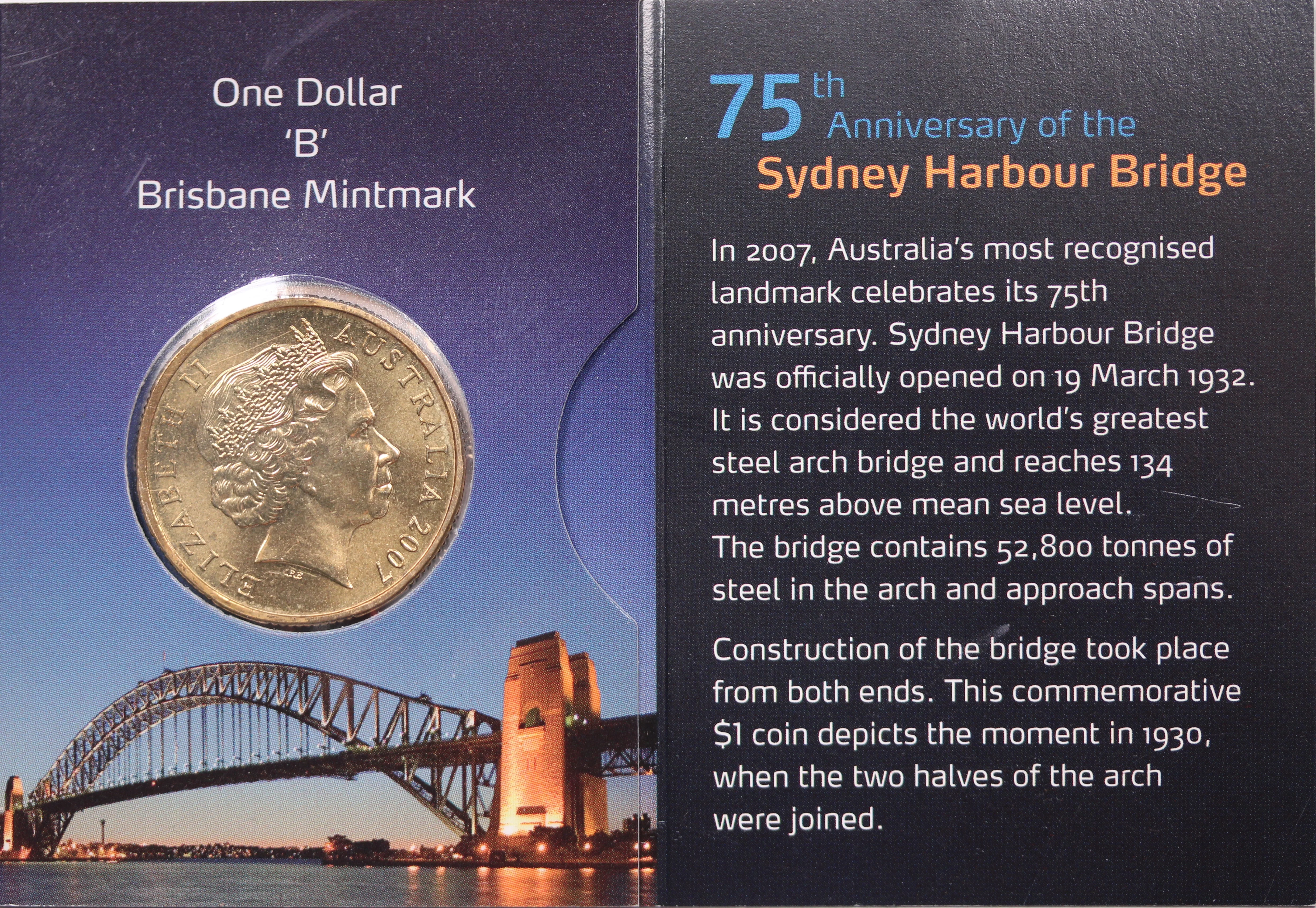 2007 $1 75th Anniversary of the Sydney Harbour Bridge UNC - "B" Mintmark - Image 2