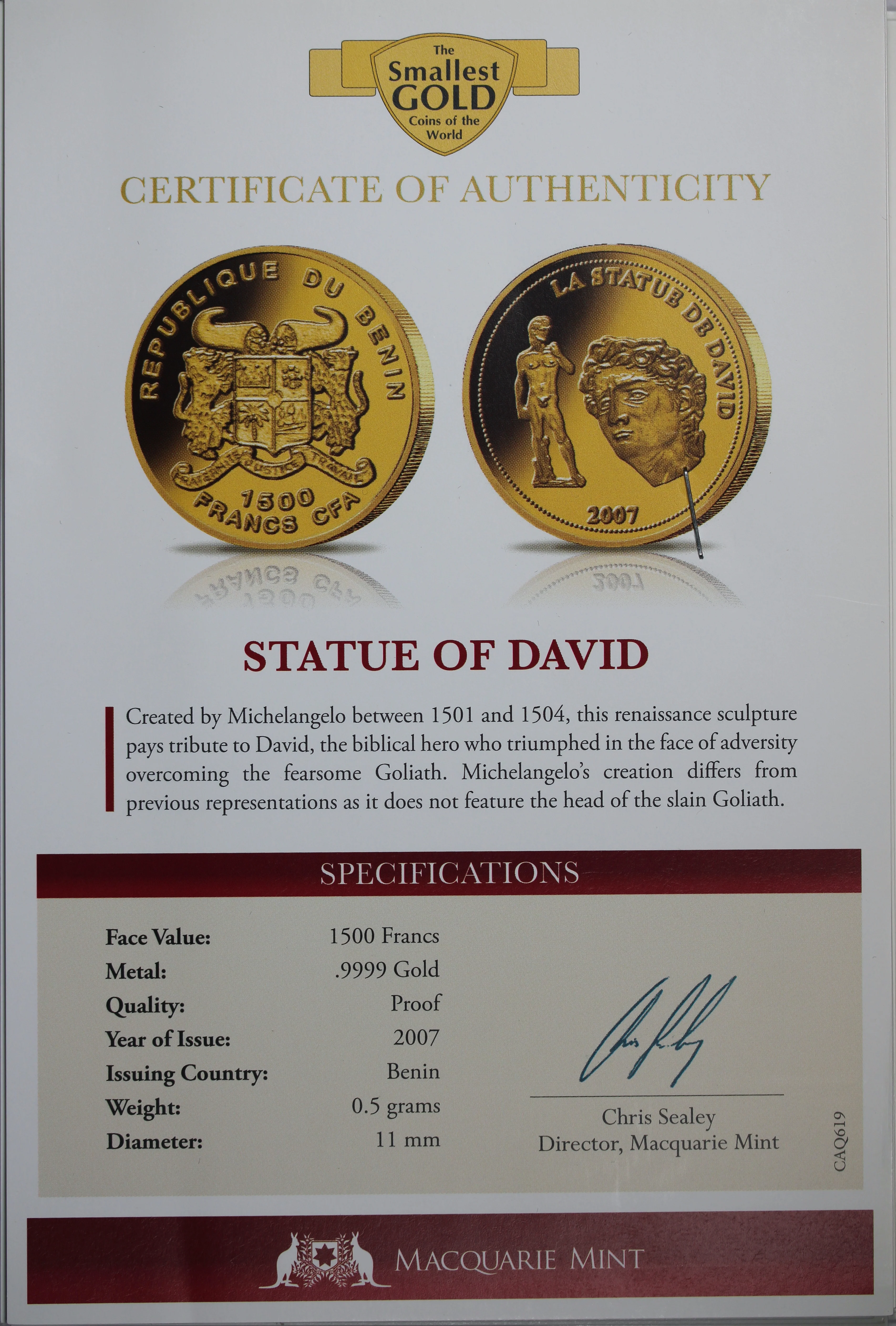 2007 Benin 1500 Francs The Statue of David 0.5 g Gold Coin - Image 2