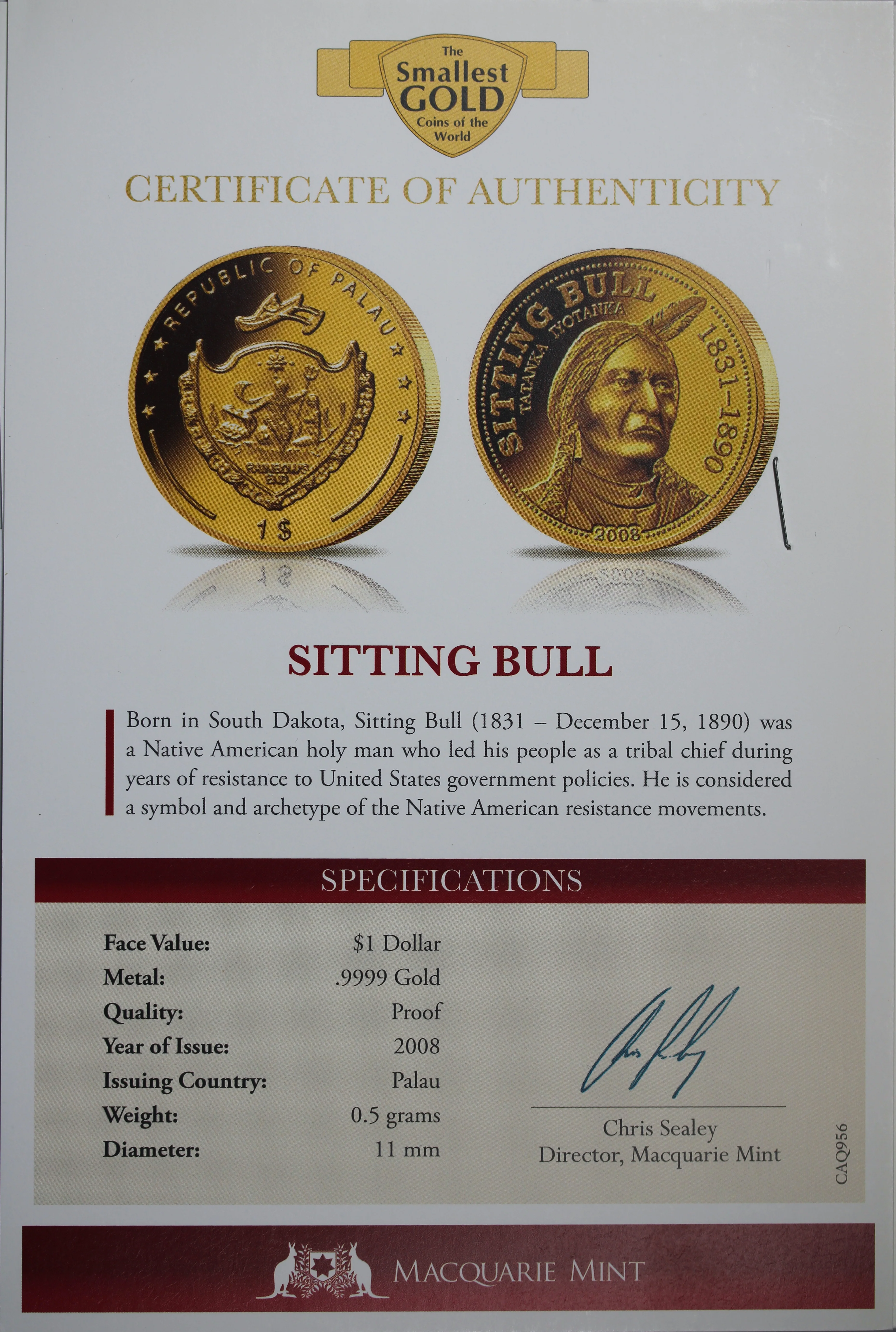 2008 $1 Palau Sitting Bull 0.5g Gold Coin - Image 2
