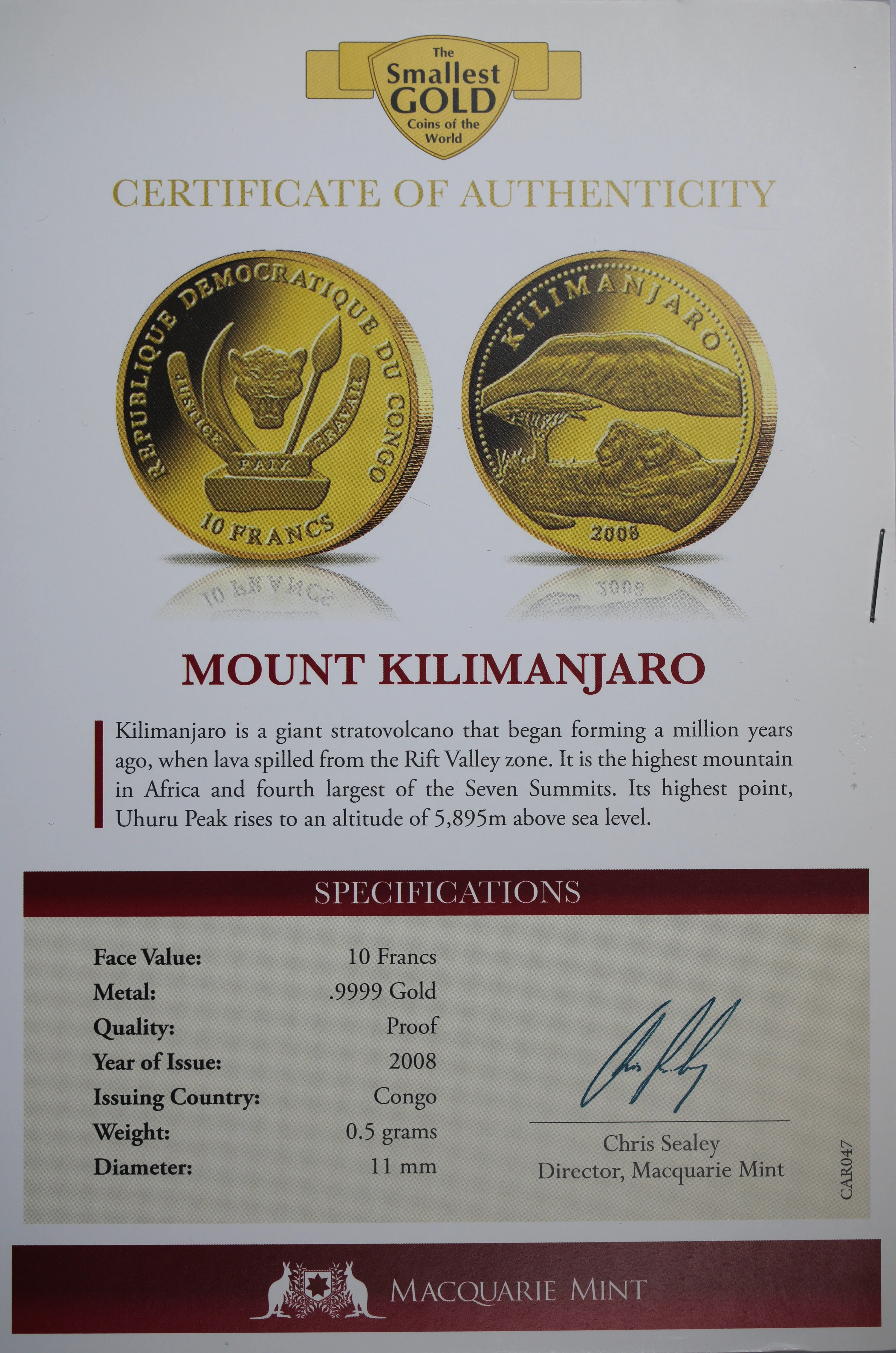 2008 10 Francs Mount Kilimanjaro 0.5g Gold Coin - Image 2