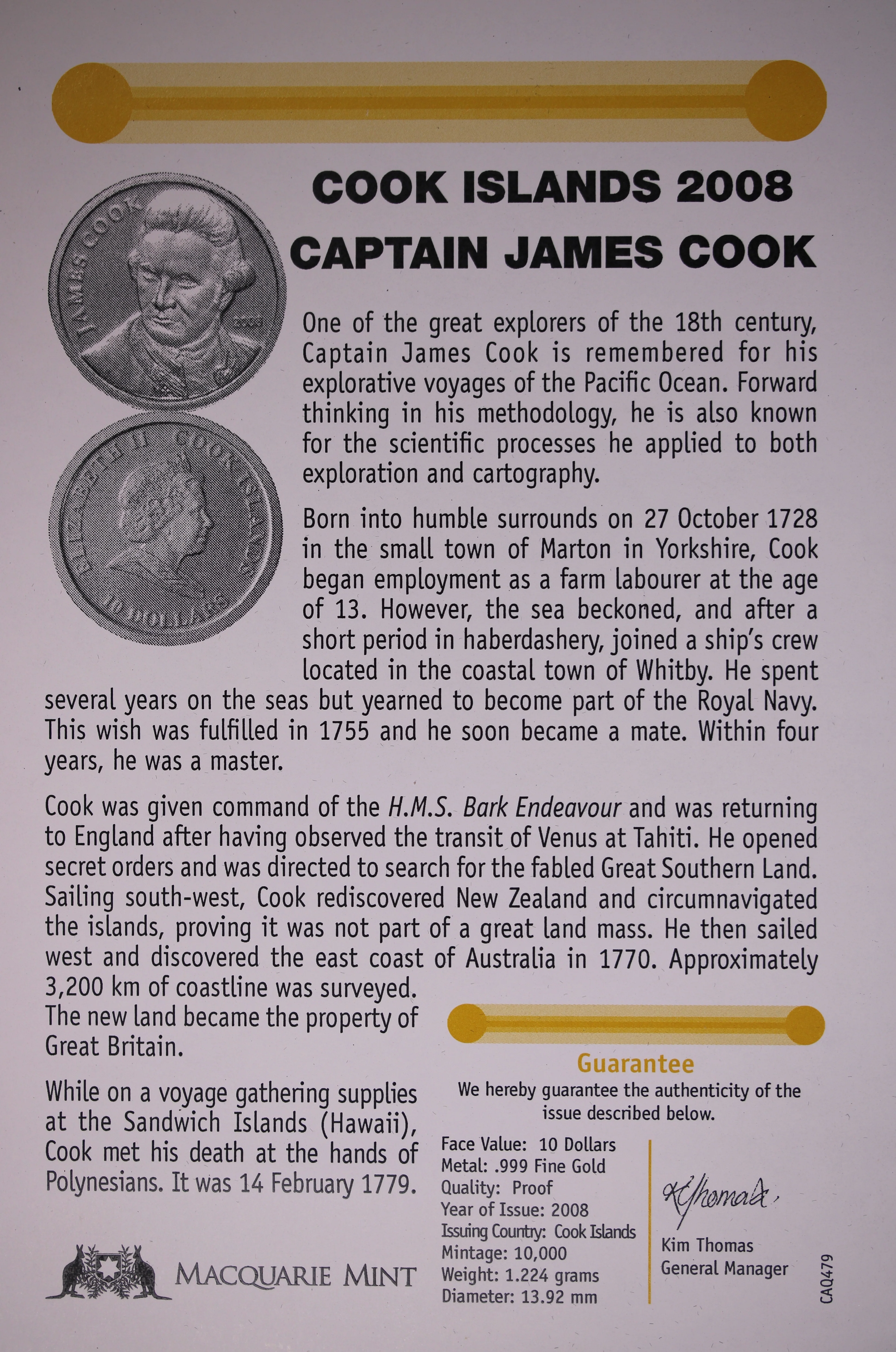 2008 Captain Cook 1.2g .999 Gold Proof Coin - Image 3