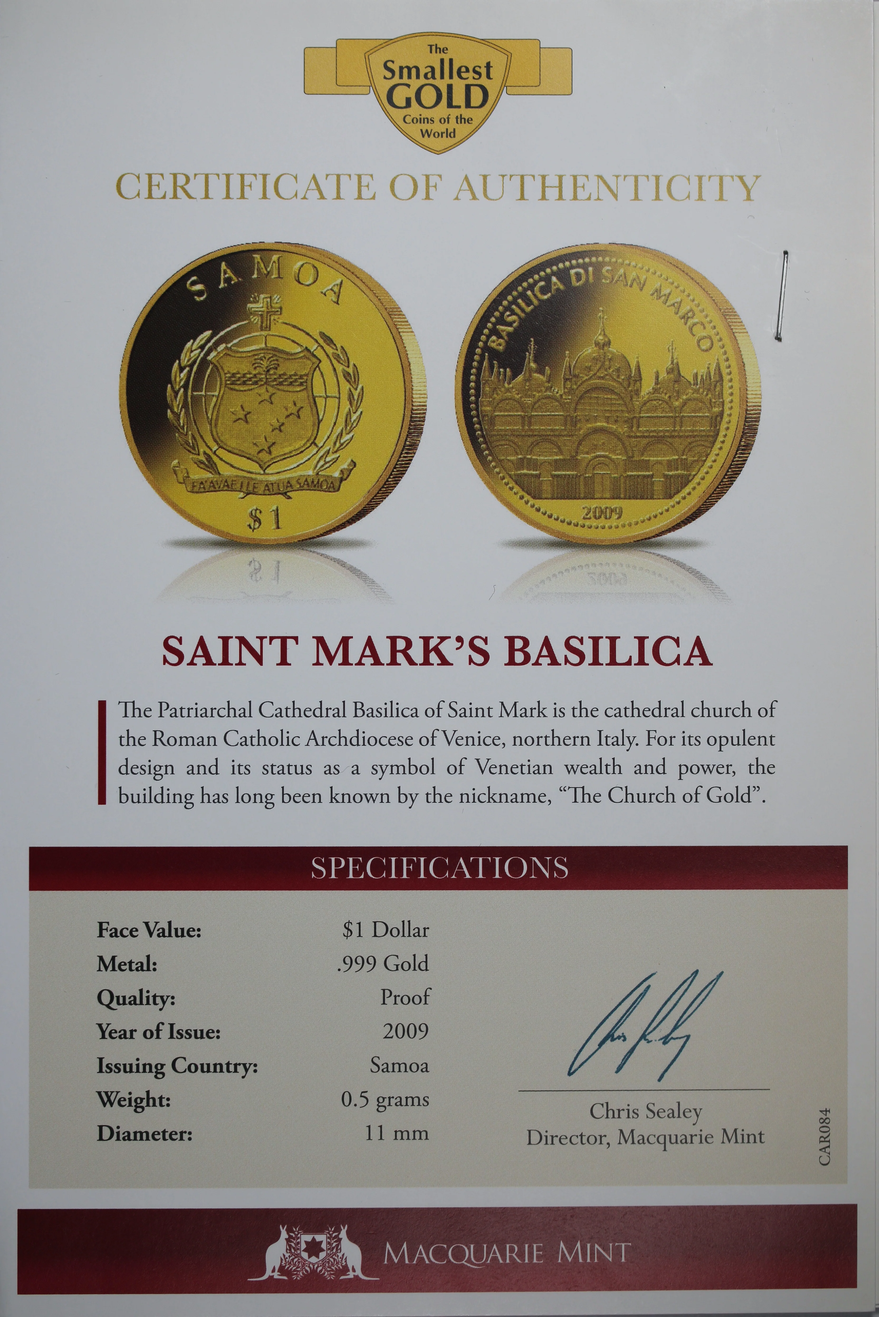 2009 $1 Samoa Saint Marks Basilica 0.5g Gold Coin - Image 2