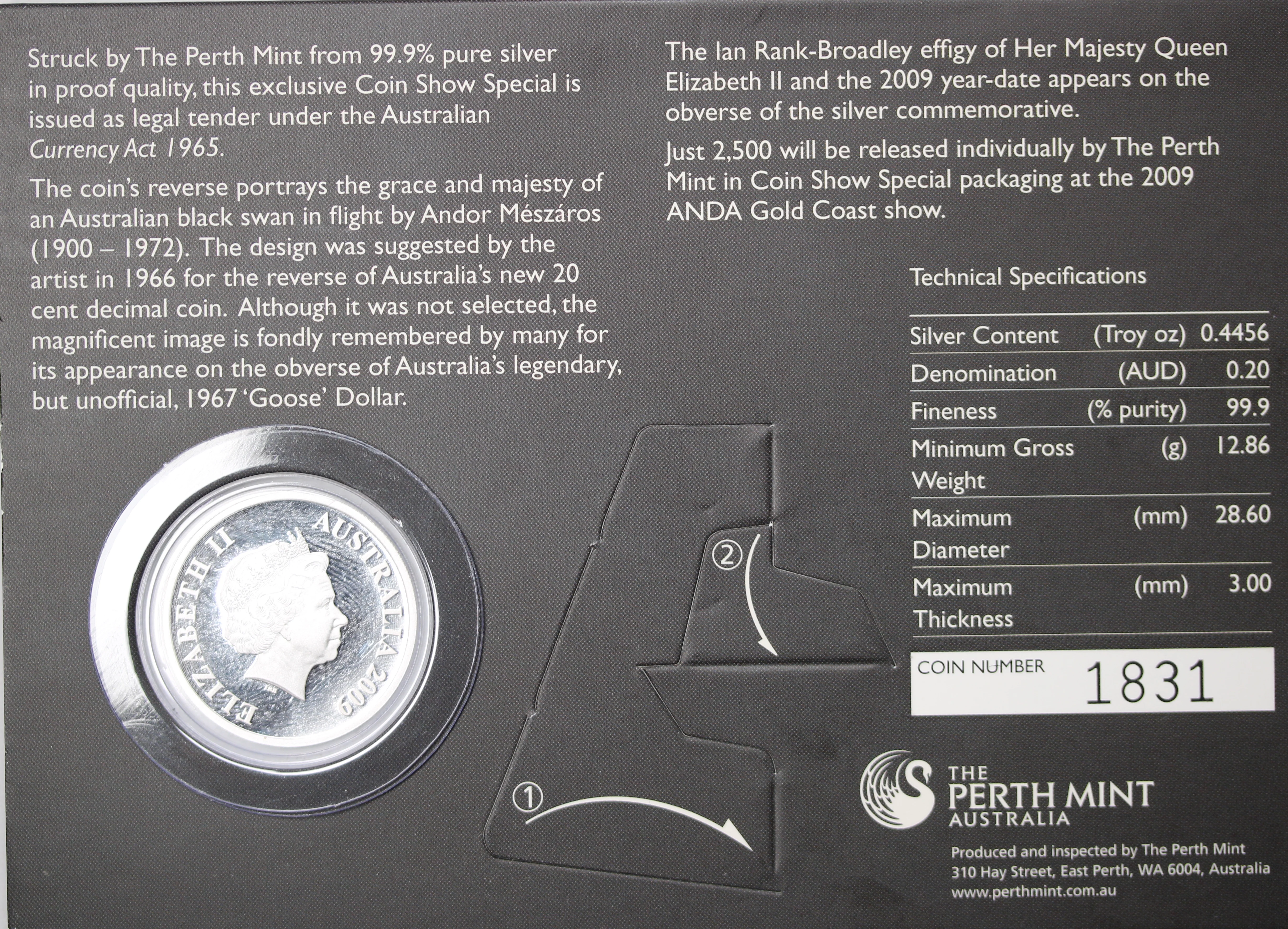2009 ANDA Gold Coast Australian Decimal Pattern Silver Swan 20c Coin - Image 2
