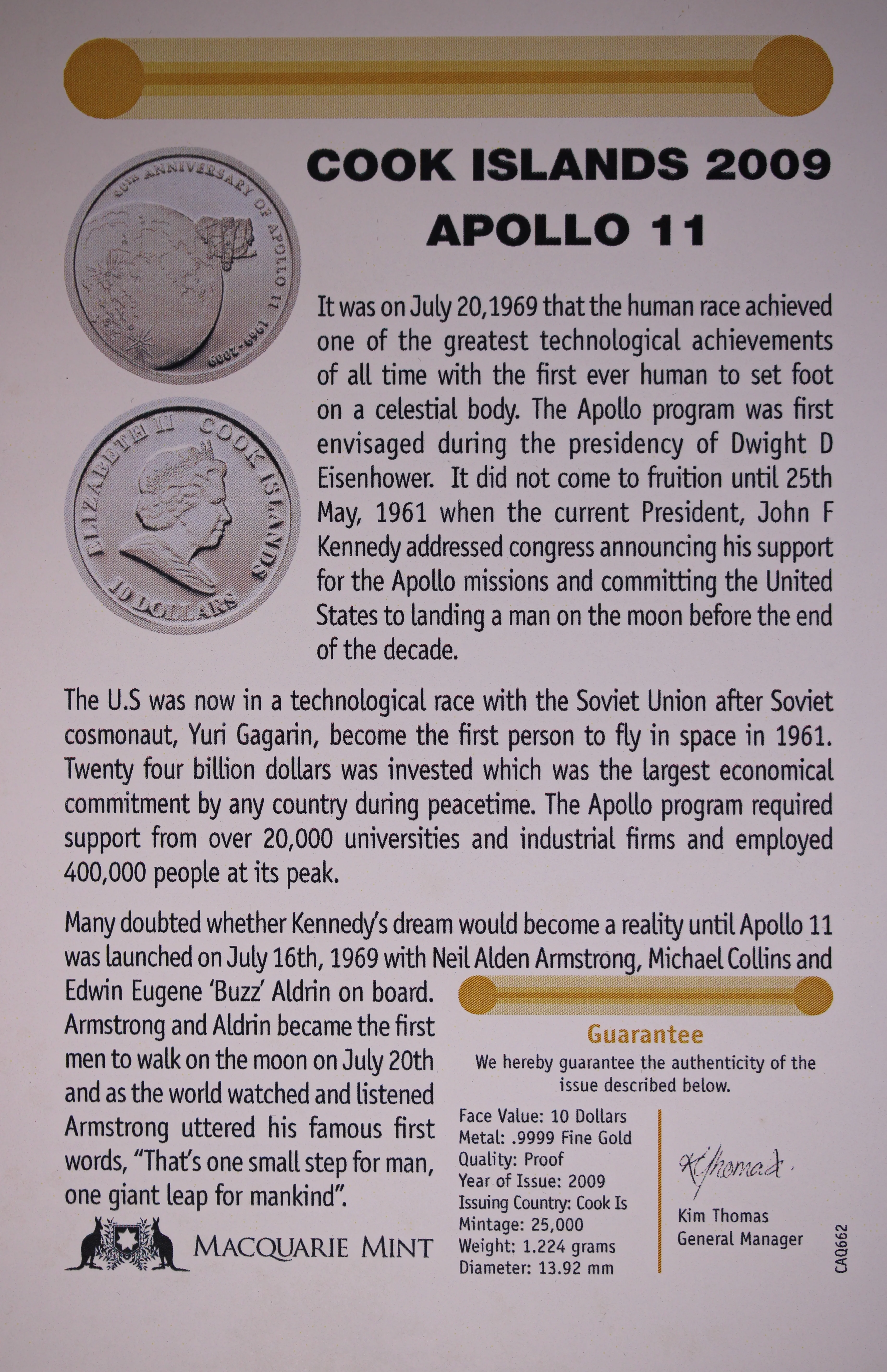 2009 Apollo 11 1.2g .999 Gold Proof Coin - Image 3