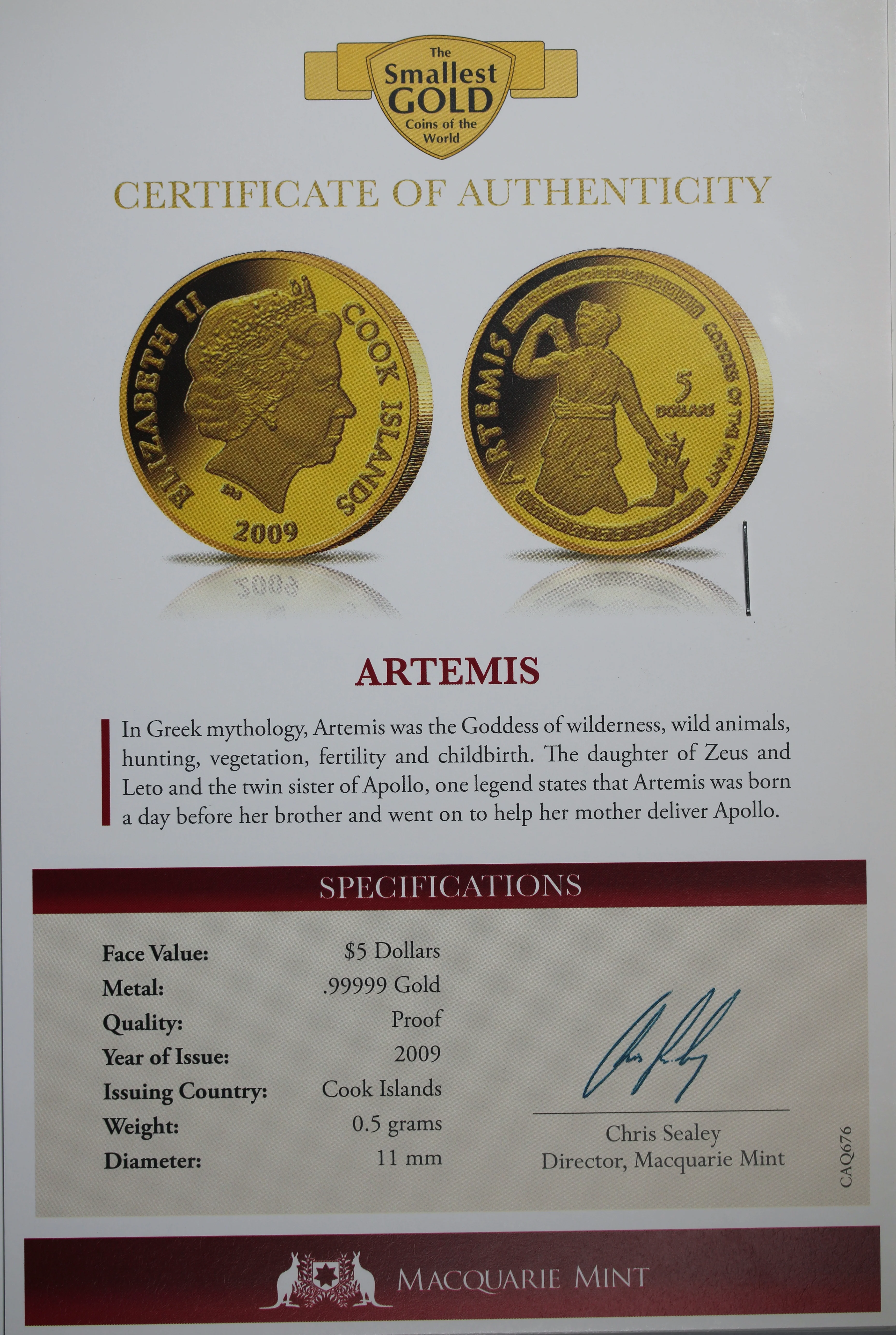 2009 Cook Islands Artemis 0.5g Gold Coin - Image 2