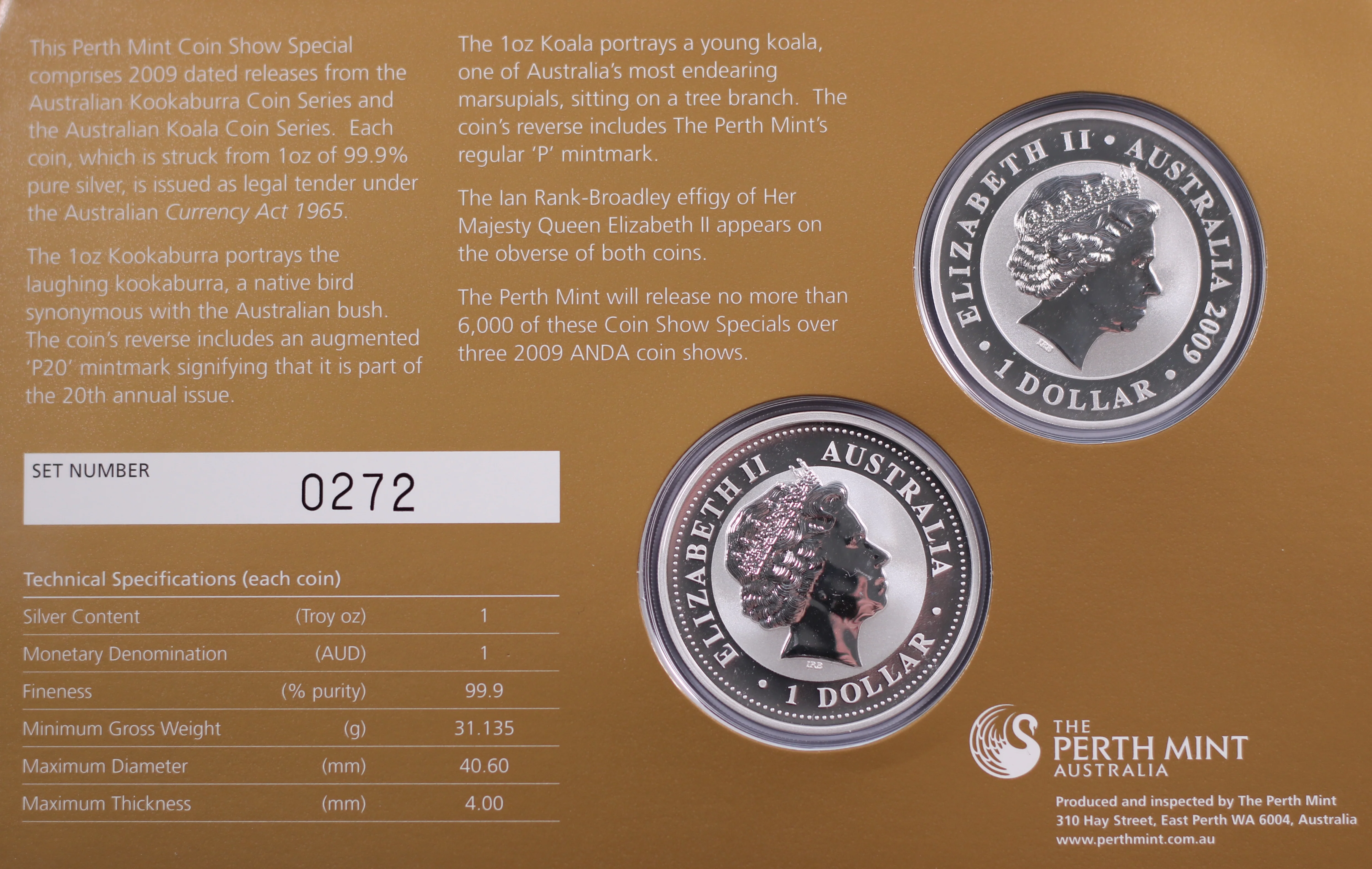 2009 Perth ANDA Show 1oz Kookaburra and Koala Silver Coin Pair - Image 2
